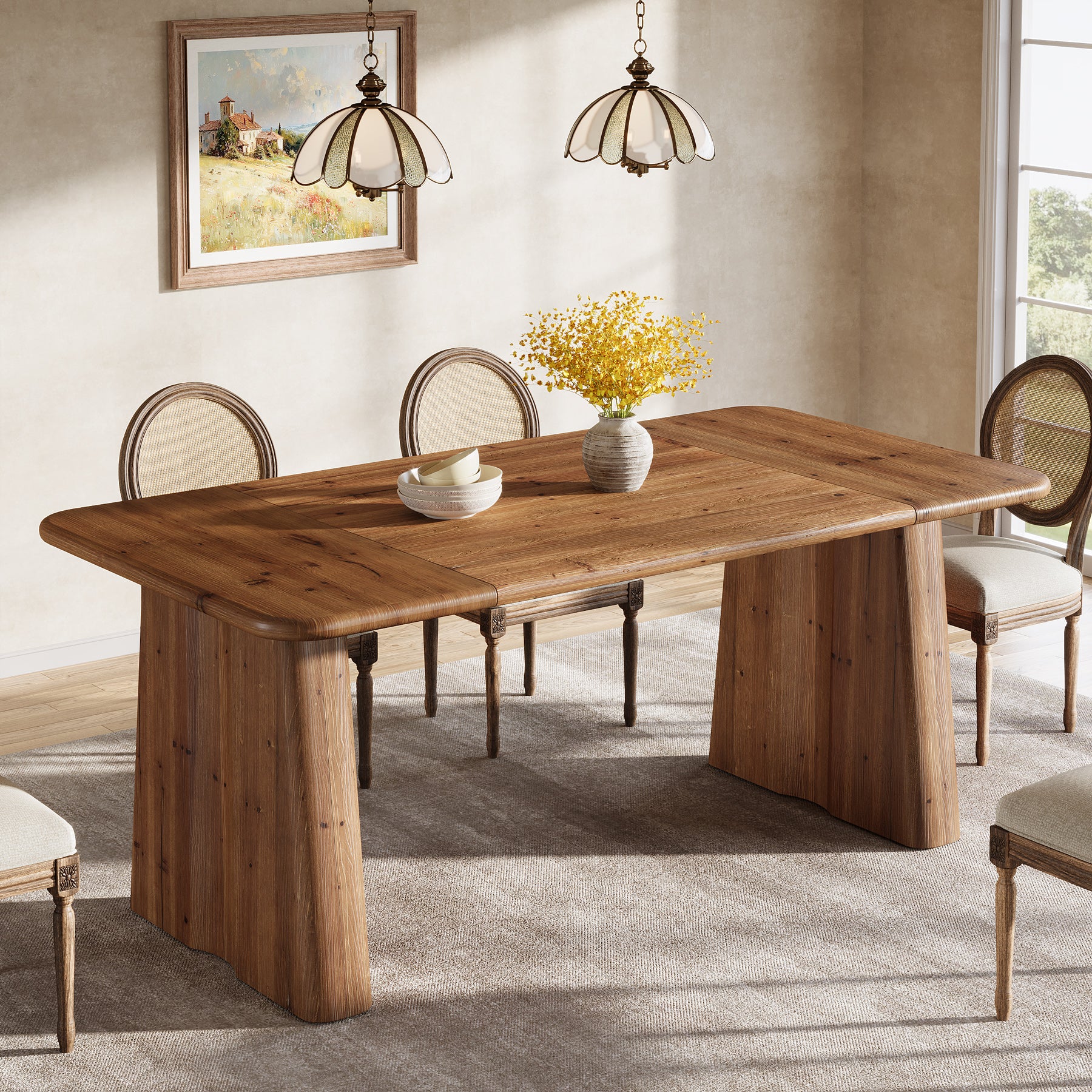 63" Rectangular Dining Table, Solid Wood Kitchen Dinner Table With Double Pedestal Legs - Image 4