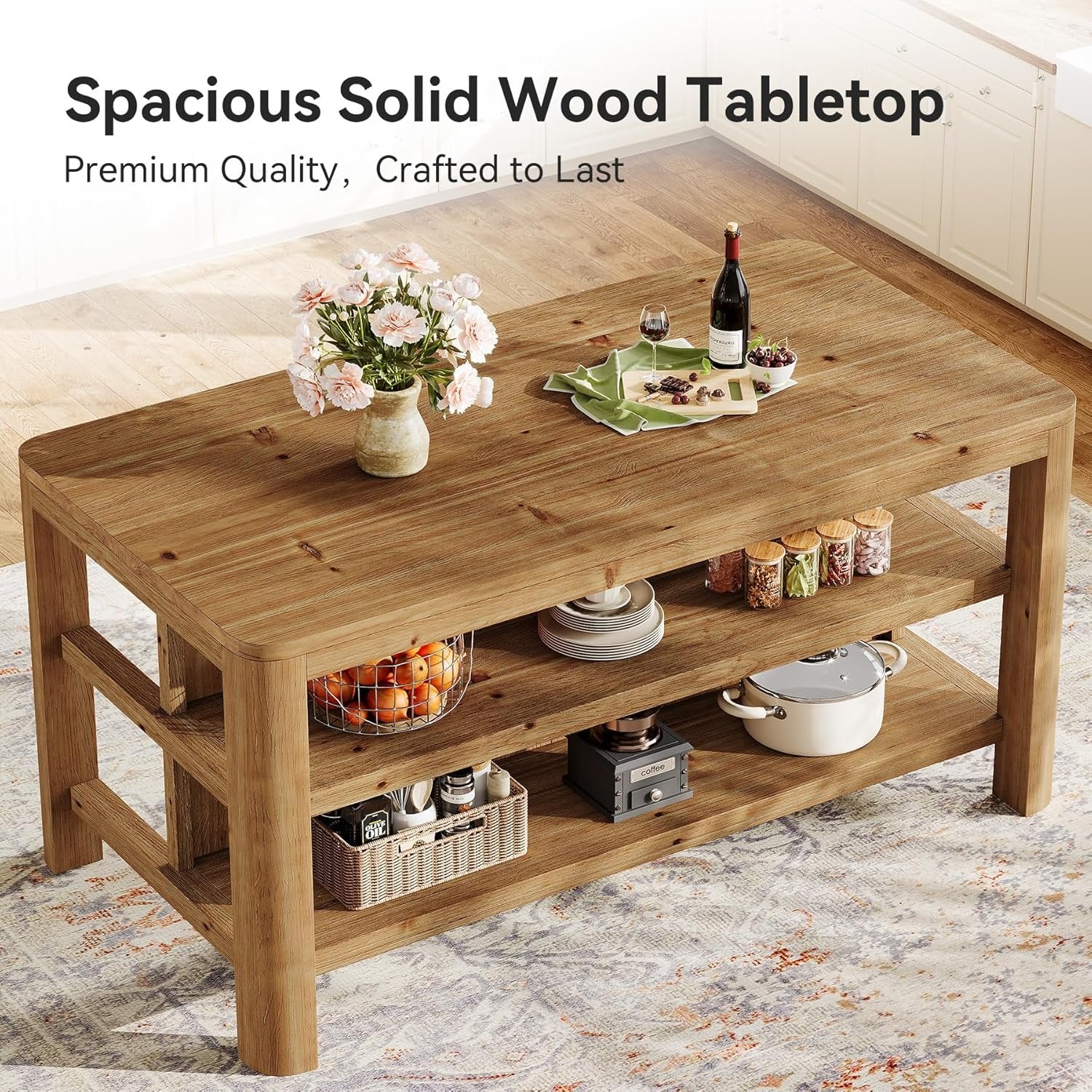 Solid Wood Kitchen Island, 63" Farmhouse Island Table with Storage Shelves - Image 7