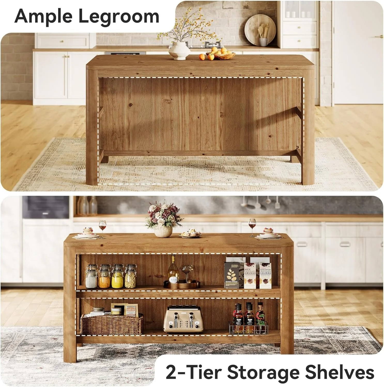 Solid Wood Kitchen Island, 63" Farmhouse Island Table with Storage Shelves - Image 8