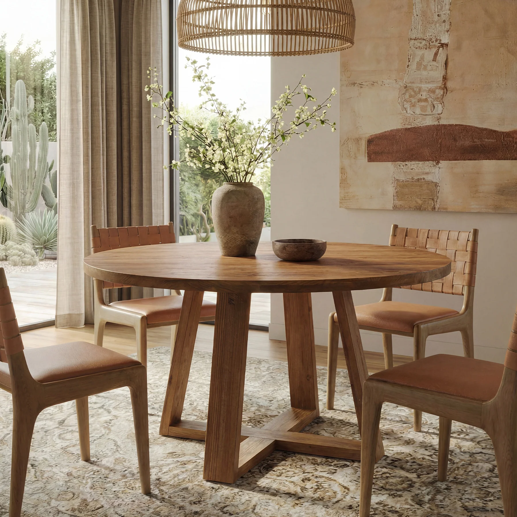 47.2" Round Dining Table, Farmhouse Solid Wood Kitchen Table with Trestle Base for 4 - Image 4