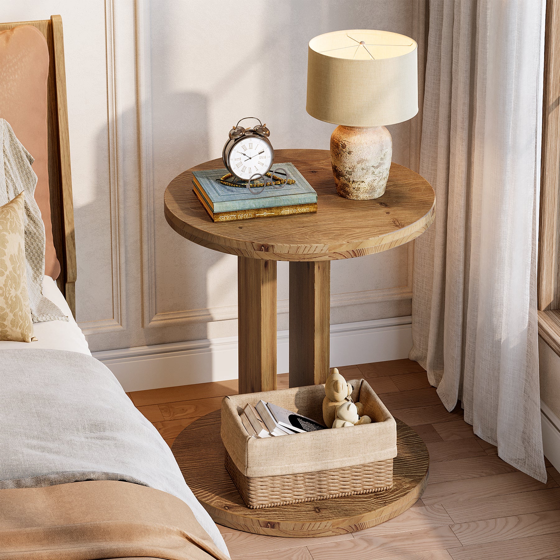 Solid Wood Nightstand, 19.68"C-Shaped Bedside Table with Storage - Image 3