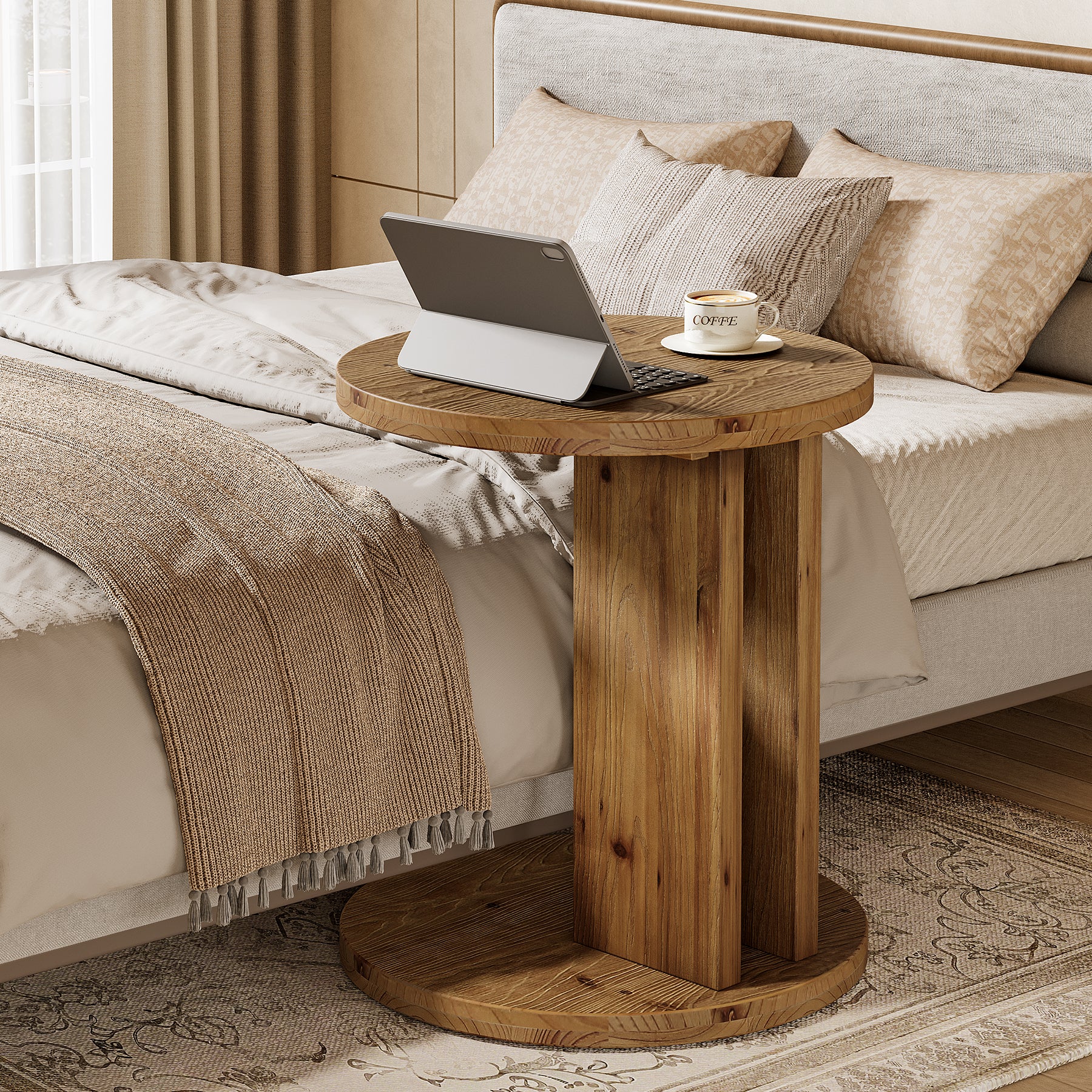 Solid Wood Nightstand, 19.68"C-Shaped Bedside Table with Storage - Image 4