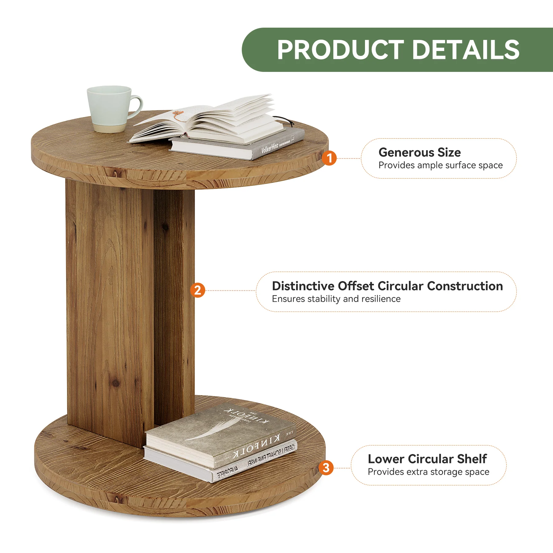 Solid Wood Nightstand, 19.68"C-Shaped Bedside Table with Storage - Image 7