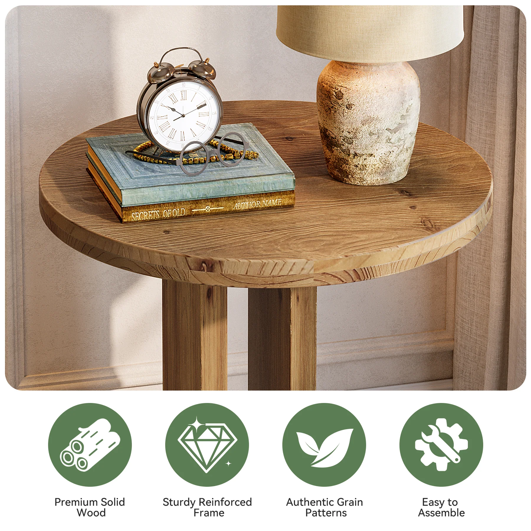 Solid Wood Nightstand, 19.68"C-Shaped Bedside Table with Storage - Image 8