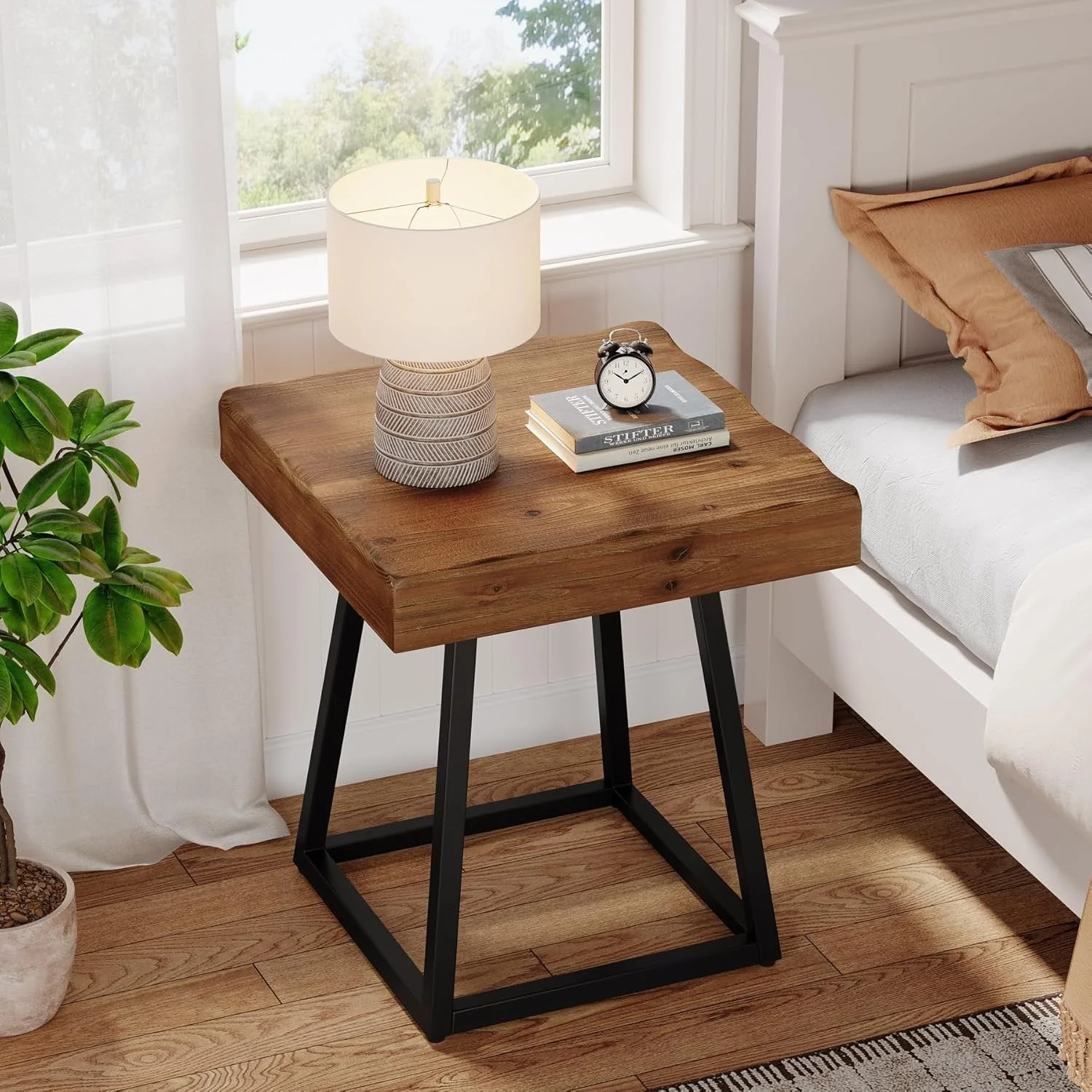Solid Wood Nightstand, Industrial Square Bedside Table with Metal Frame - Image 4