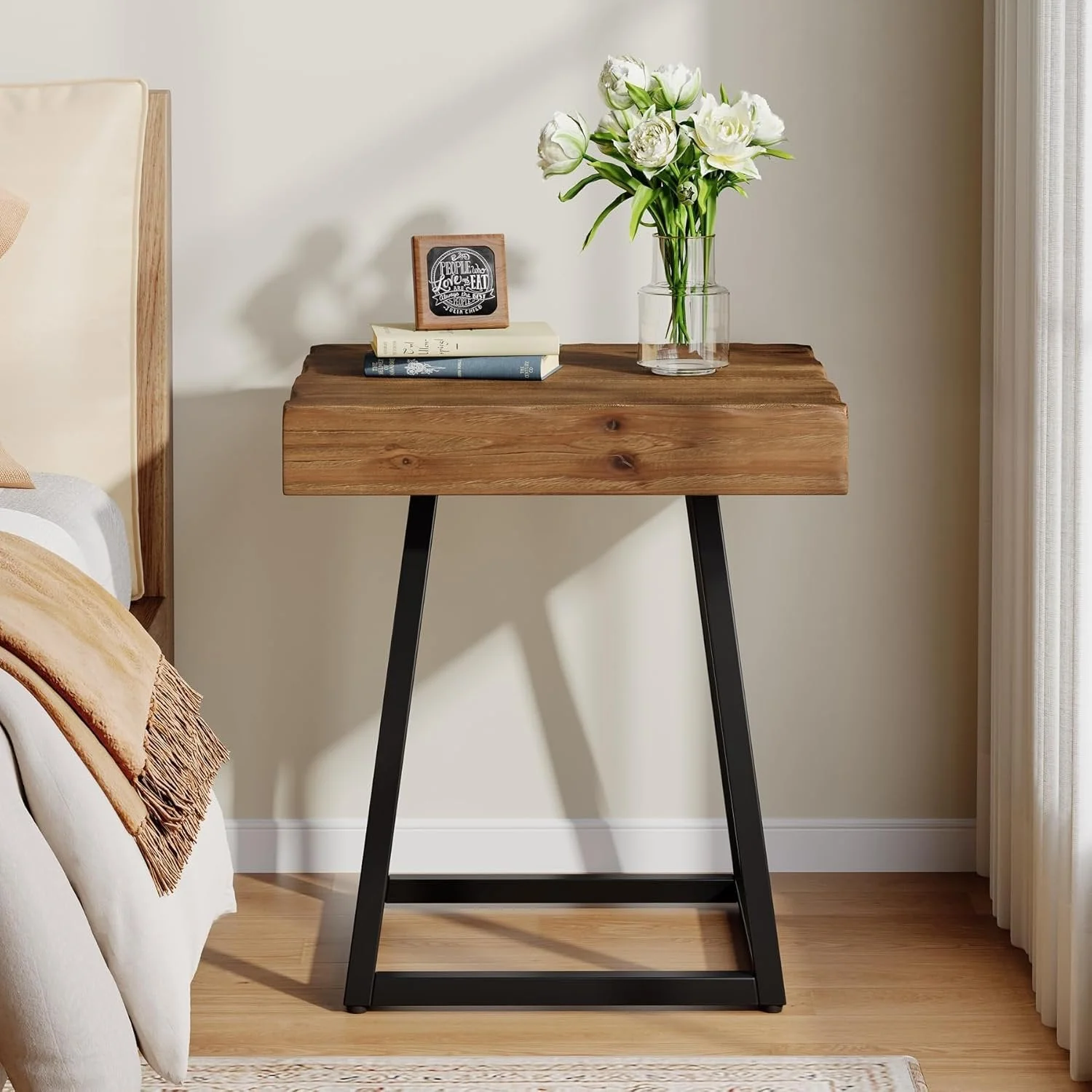 Solid Wood Nightstand, Industrial Square Bedside Table with Metal Frame - Image 5