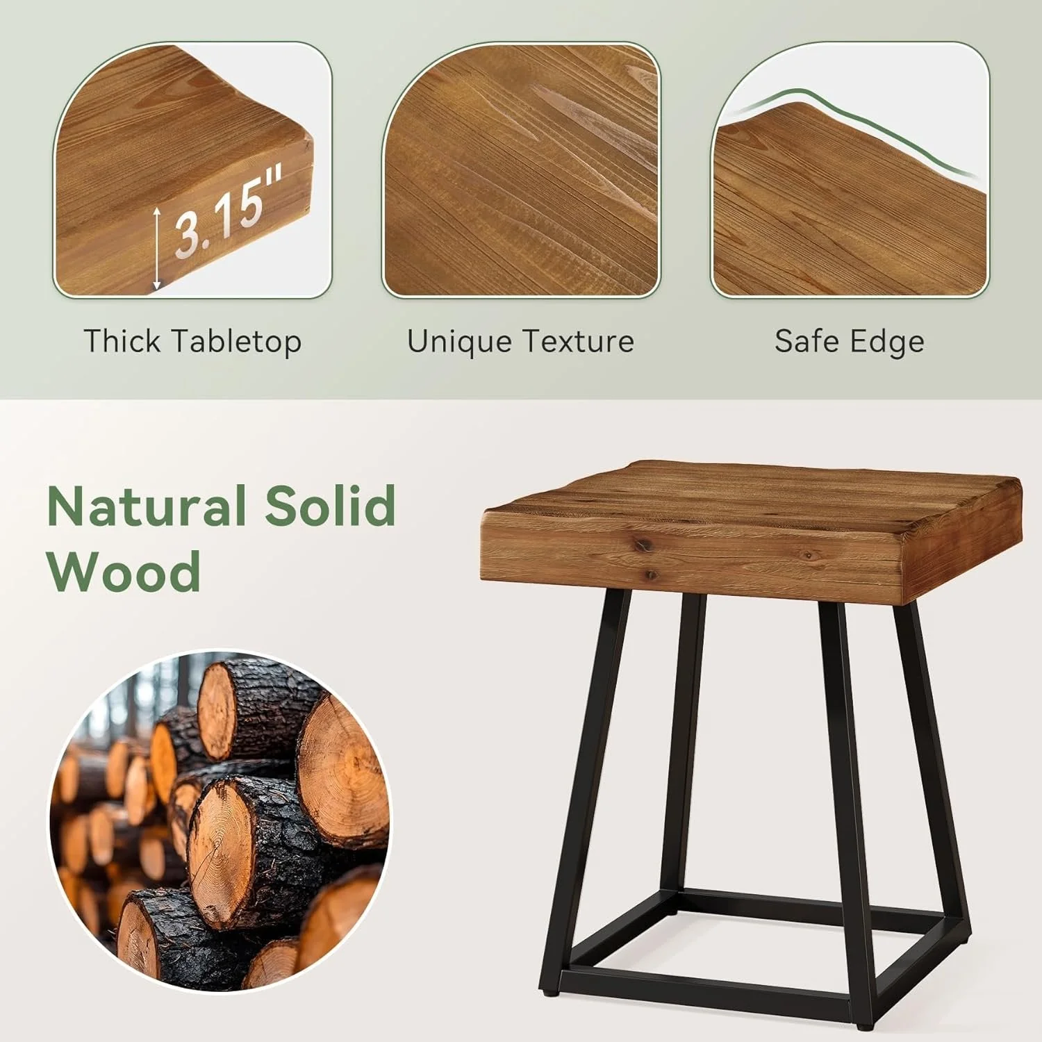 Solid Wood Nightstand, Industrial Square Bedside Table with Metal Frame - Image 7