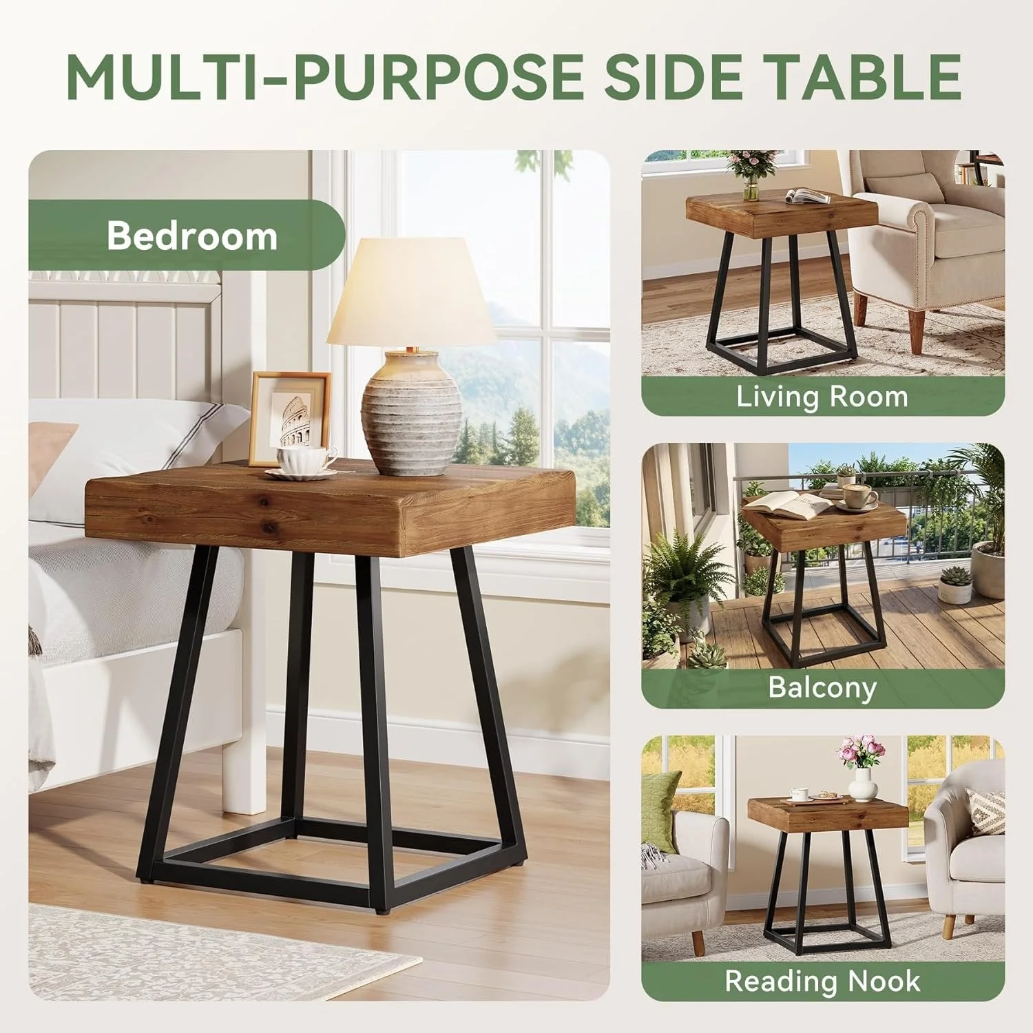 Solid Wood Nightstand, Industrial Square Bedside Table with Metal Frame - Image 9