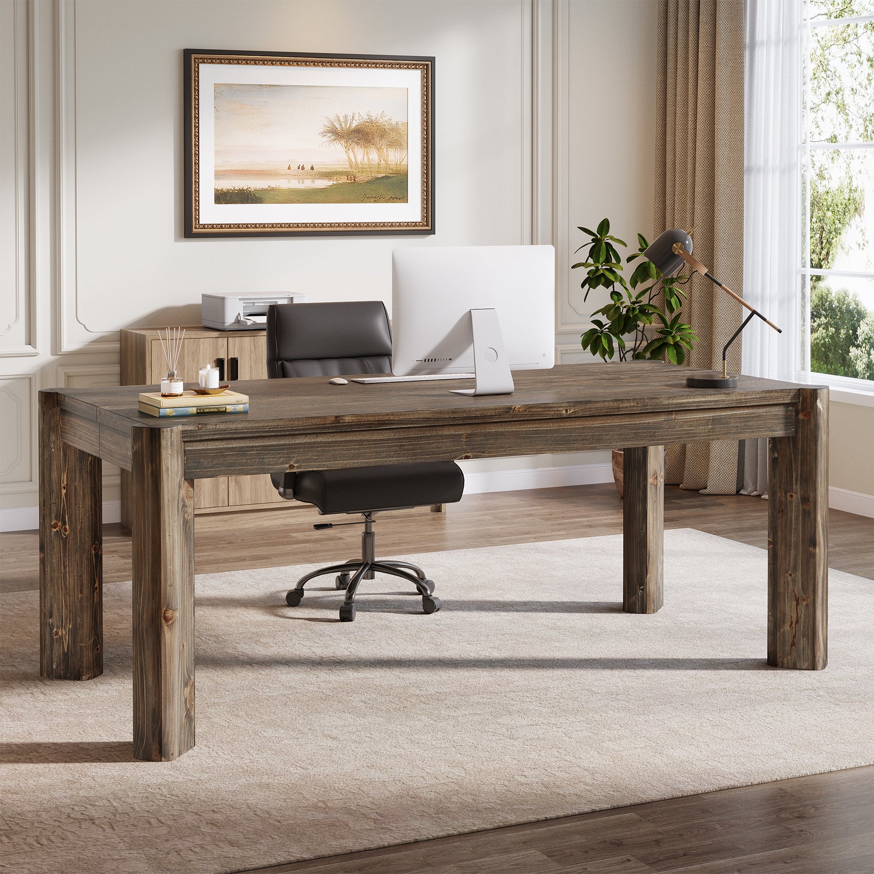 63" Farmhouse Executive Desk, Solid Wood Office Computer Desk
