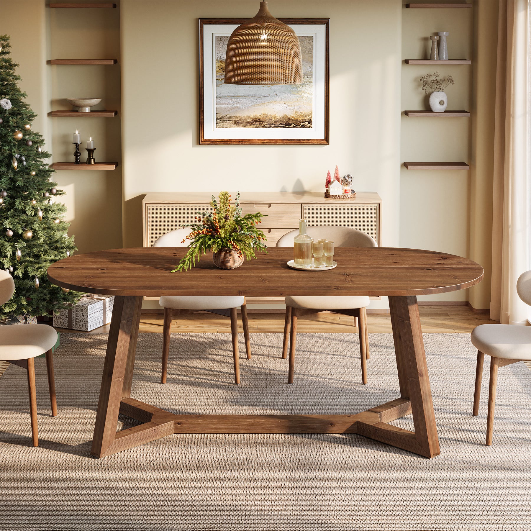 Solid Wood Oval Dining Table, 63" Kitchen Table with Sturdy Tapered Legs for 4-6 - Image 5
