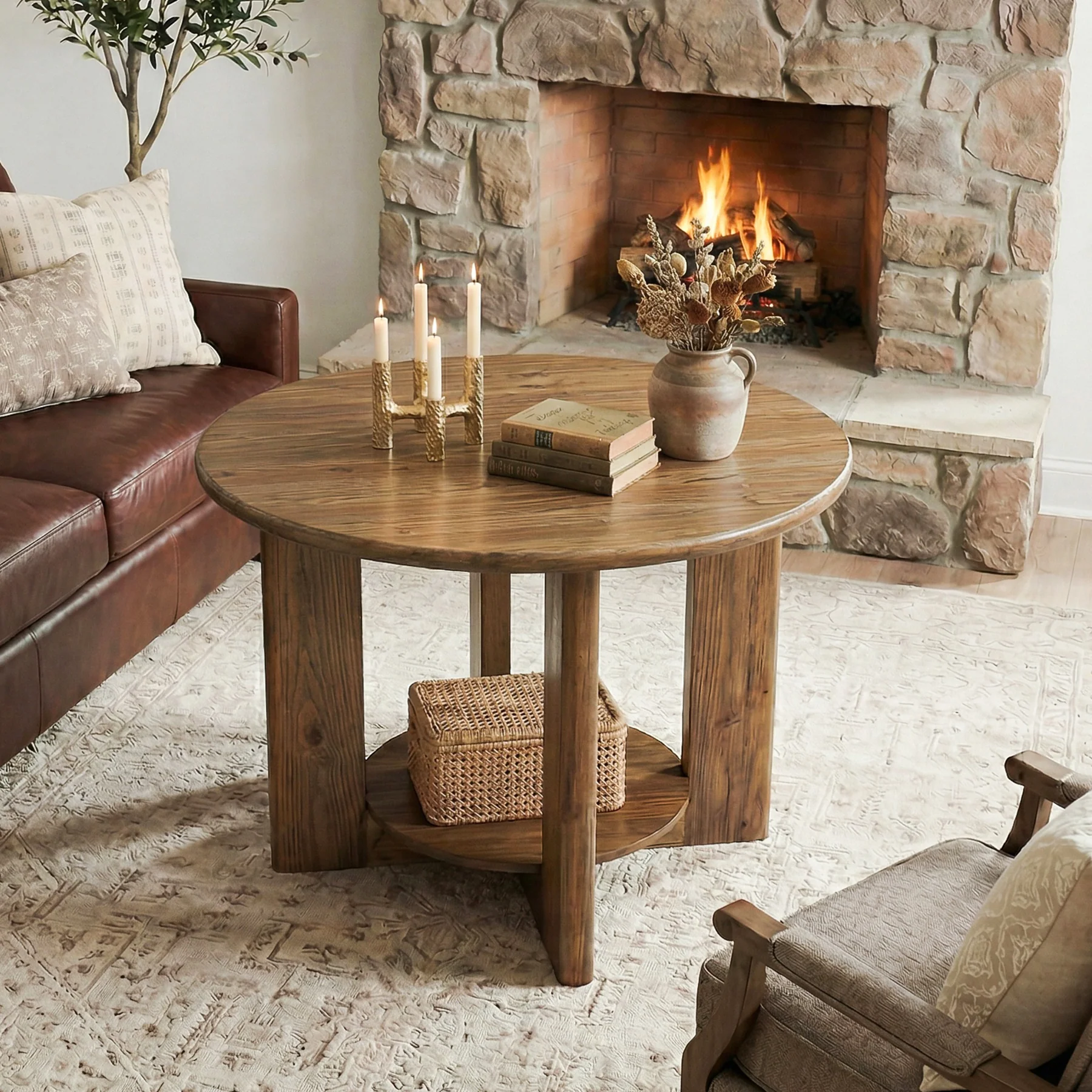 Solid Wood Round Coffee Table, 2-Tier Accent Center Table with Storage - Image 4