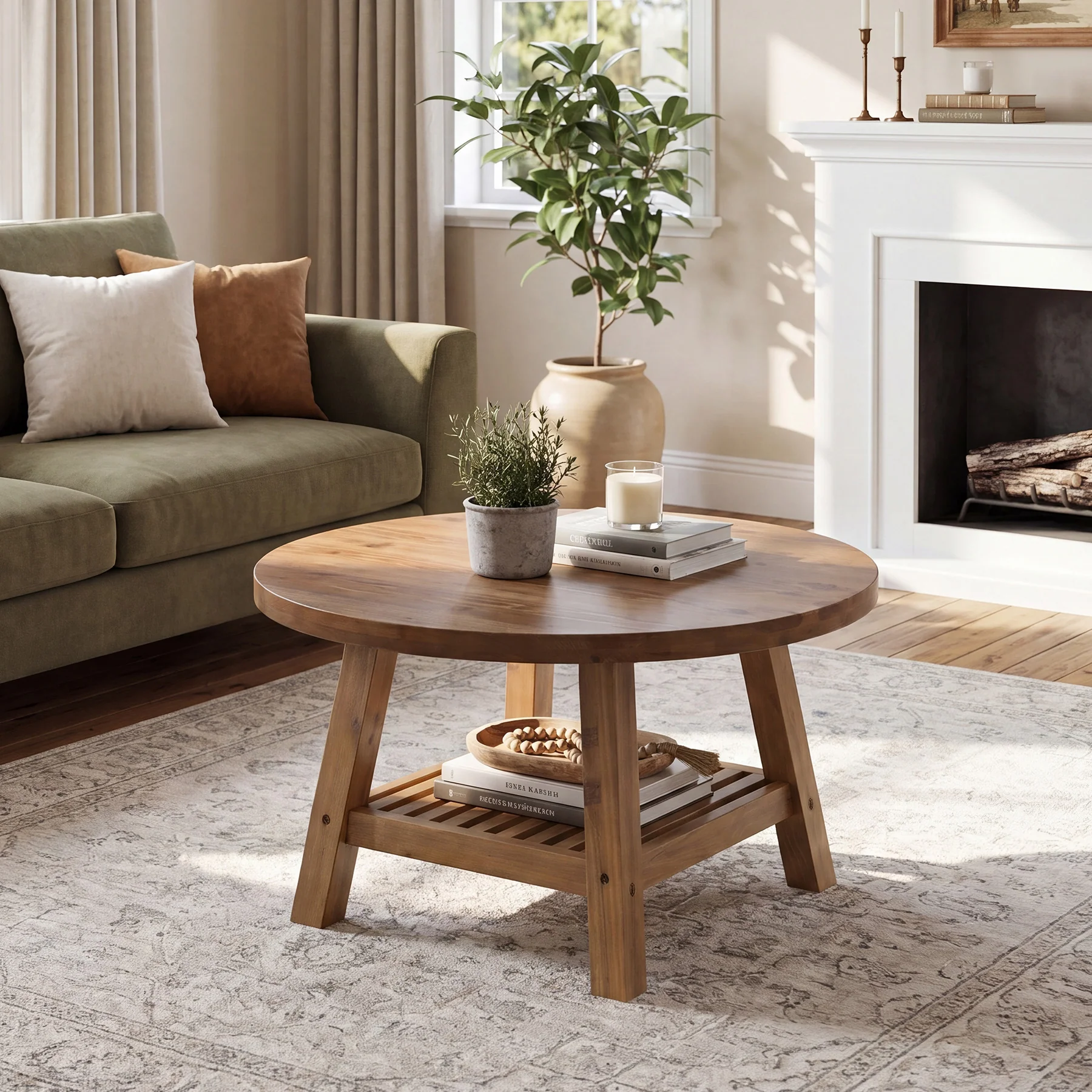 Solid Wood Round Coffee Table, 31.5" Center Table with 2-Tier Storage for Living Room - Image 3