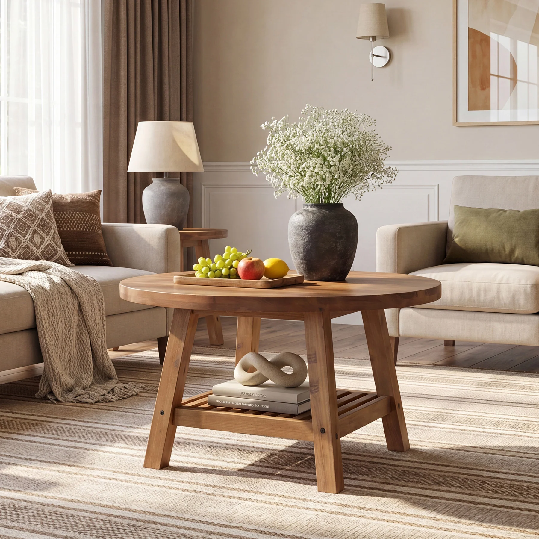 Solid Wood Round Coffee Table, 31.5" Center Table with 2-Tier Storage for Living Room - Image 4