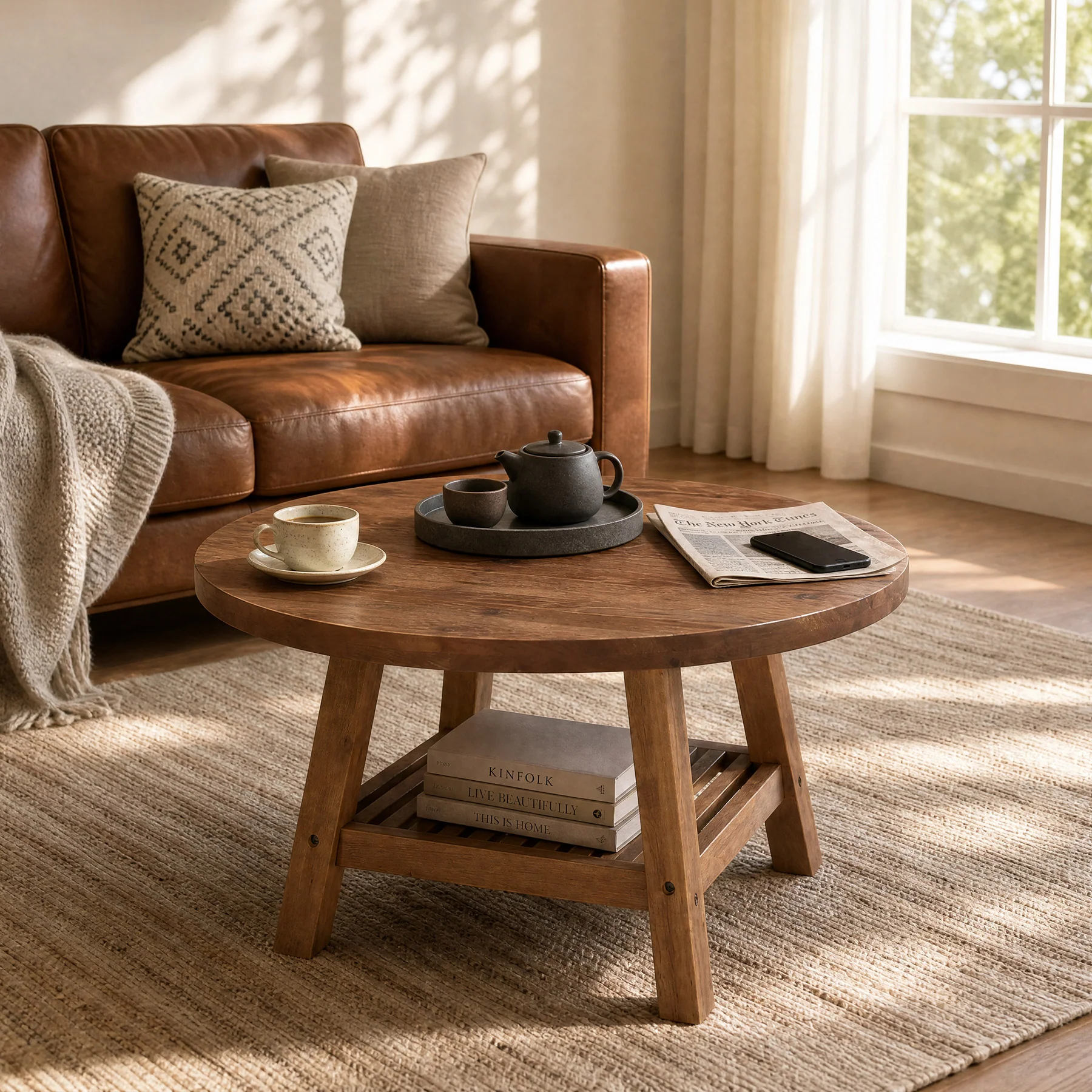 Solid Wood Round Coffee Table, 31.5" Center Table with 2-Tier Storage for Living Room - Image 5
