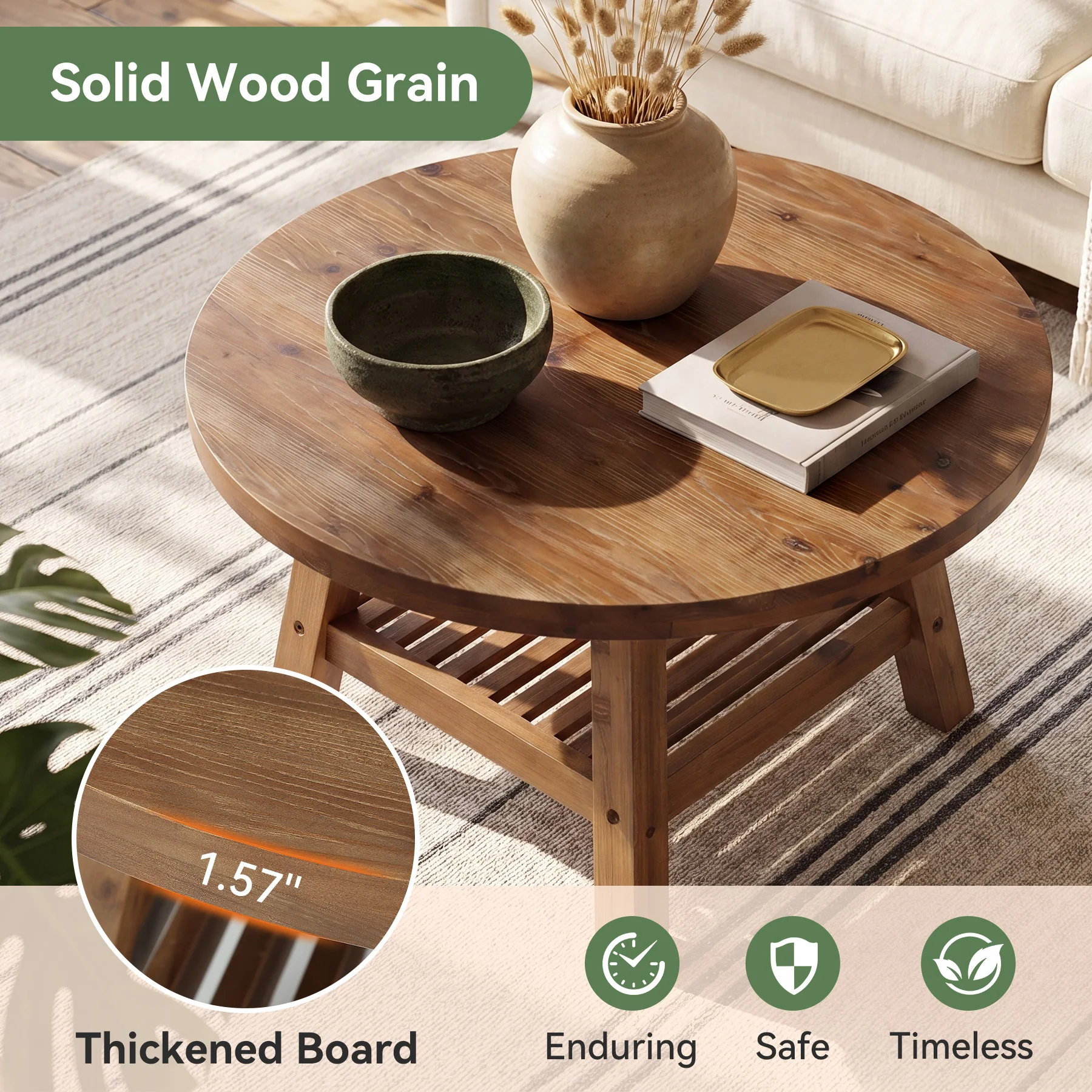 Solid Wood Round Coffee Table, 31.5" Center Table with 2-Tier Storage for Living Room - Image 6