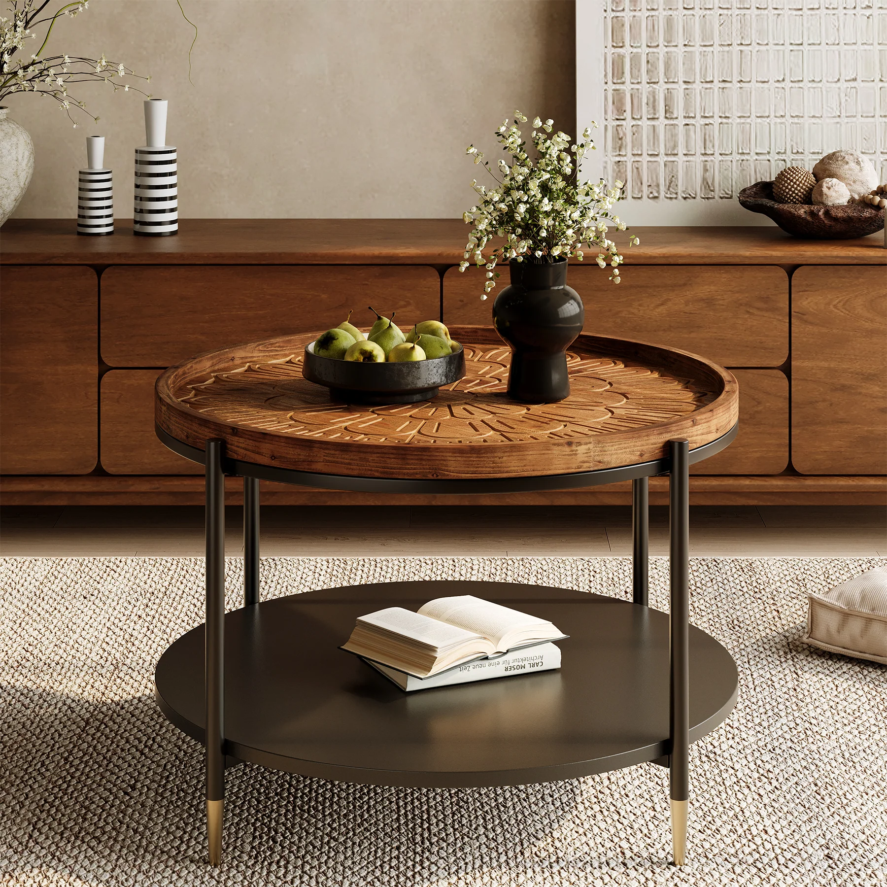 Solid Wood Round Coffee Table, 31.5" Center Tea Table with Metal Frame - Image 3