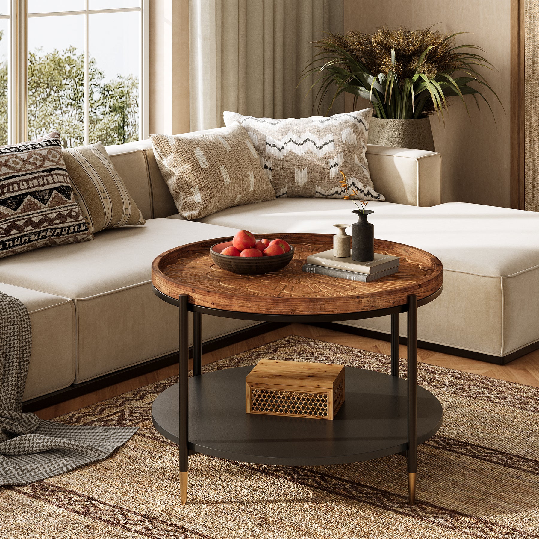 Solid Wood Round Coffee Table, 31.5" Center Tea Table with Metal Frame - Image 6
