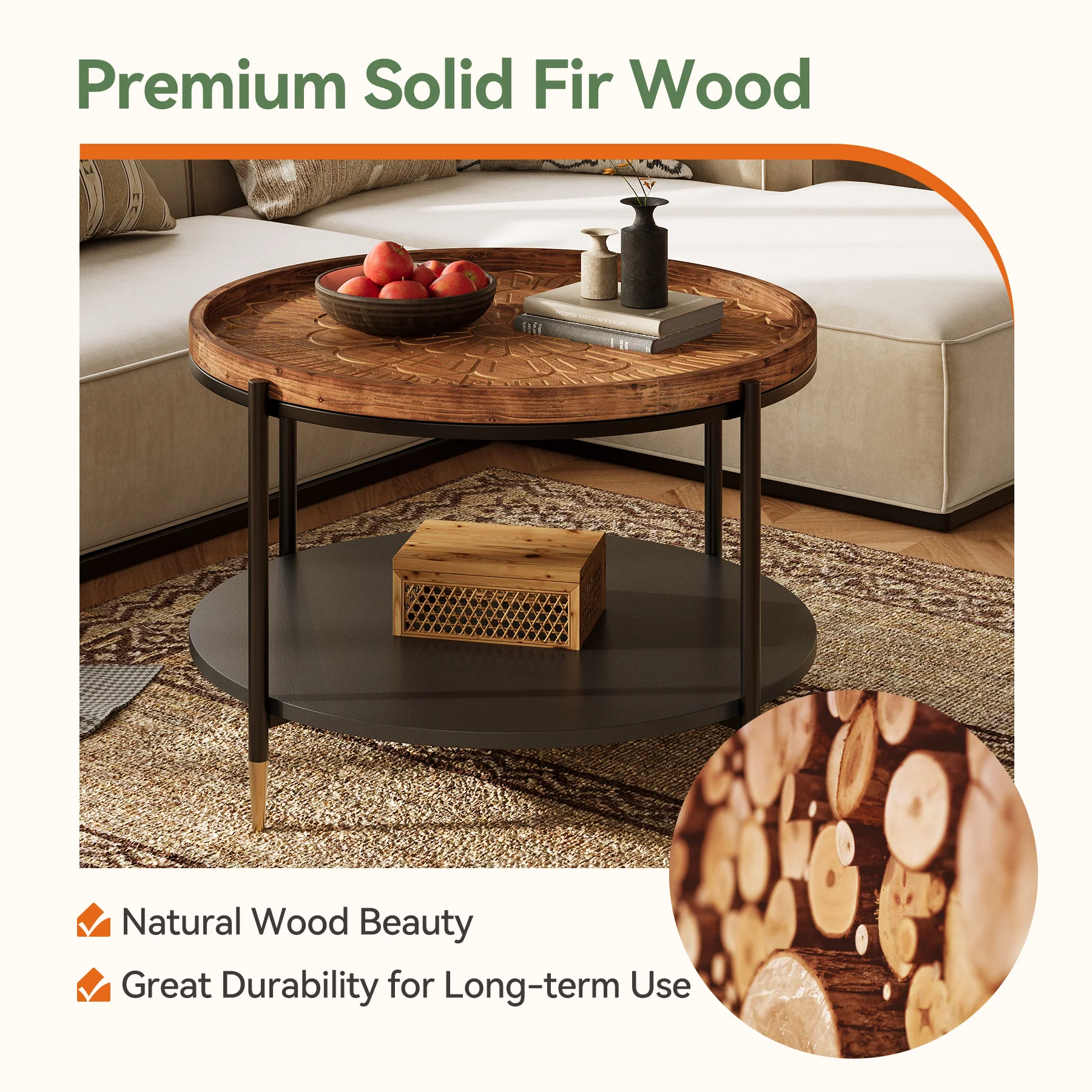 Solid Wood Round Coffee Table, 31.5" Center Tea Table with Metal Frame - Image 8