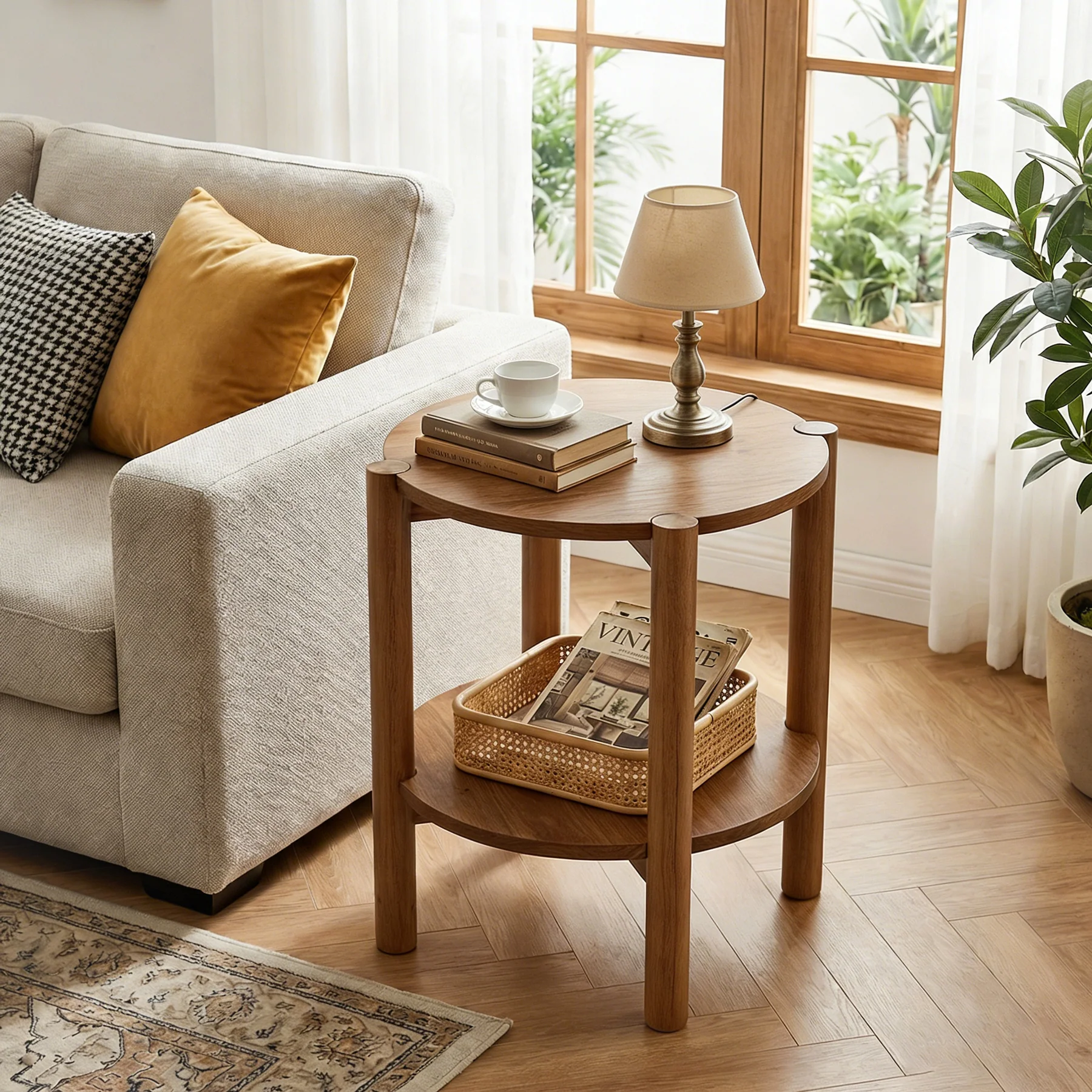 Solid Wood Round End Table, 2-Tier Small Side Table with Storage Shelf - Image 3