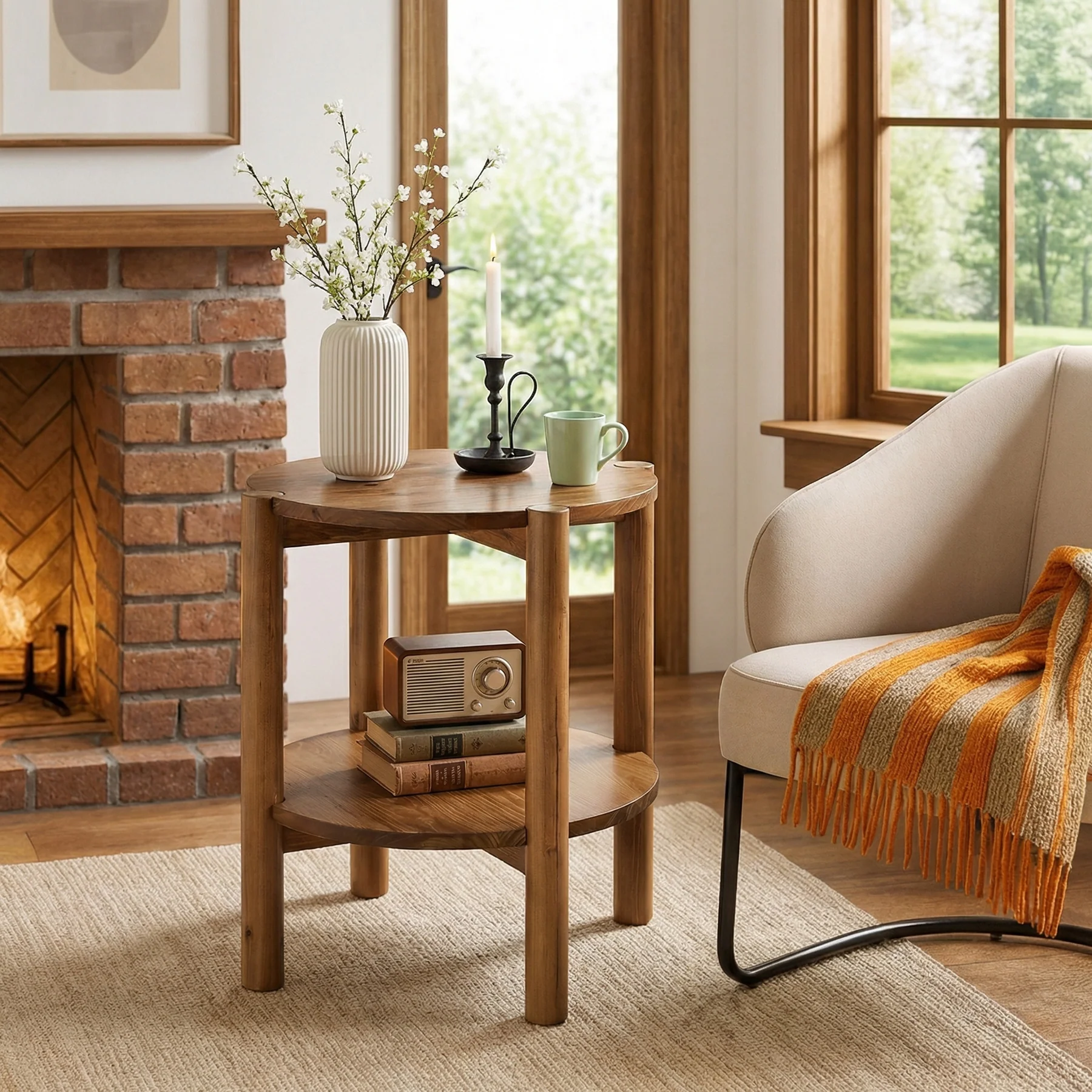 Solid Wood Round End Table, 2-Tier Small Side Table with Storage Shelf - Image 4