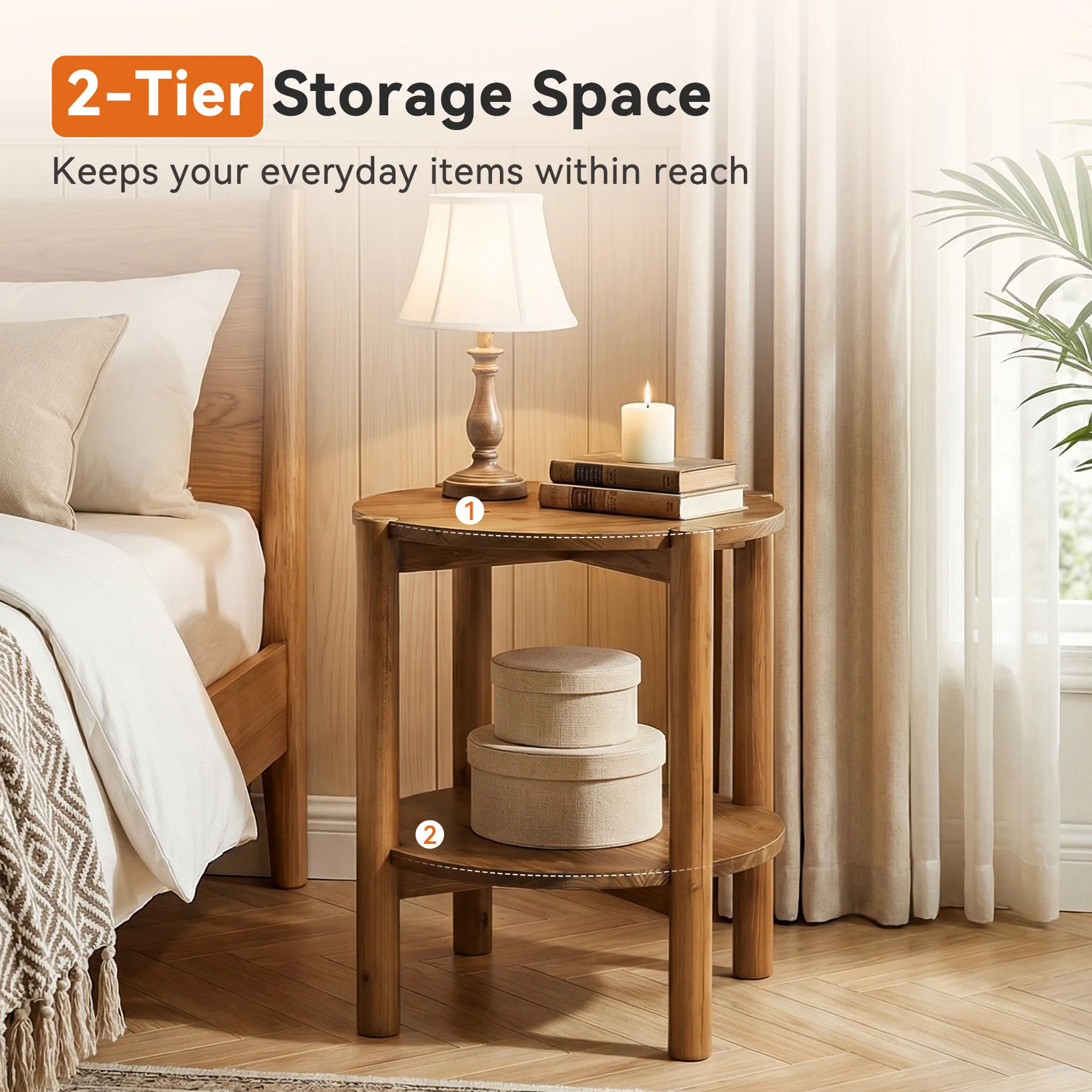 Solid Wood Round End Table, 2-Tier Small Side Table with Storage Shelf - Image 6