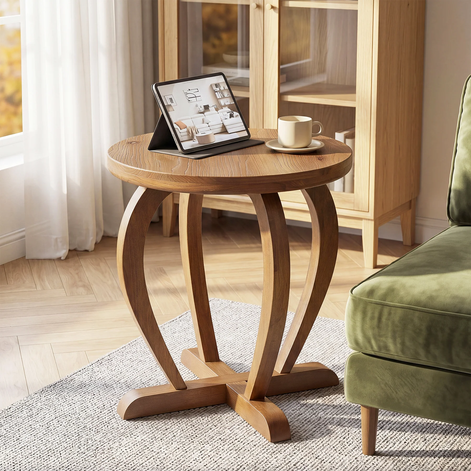 Solid Wood Round End Table, Accent Side Table with Curved Base for Living Room - Image 5