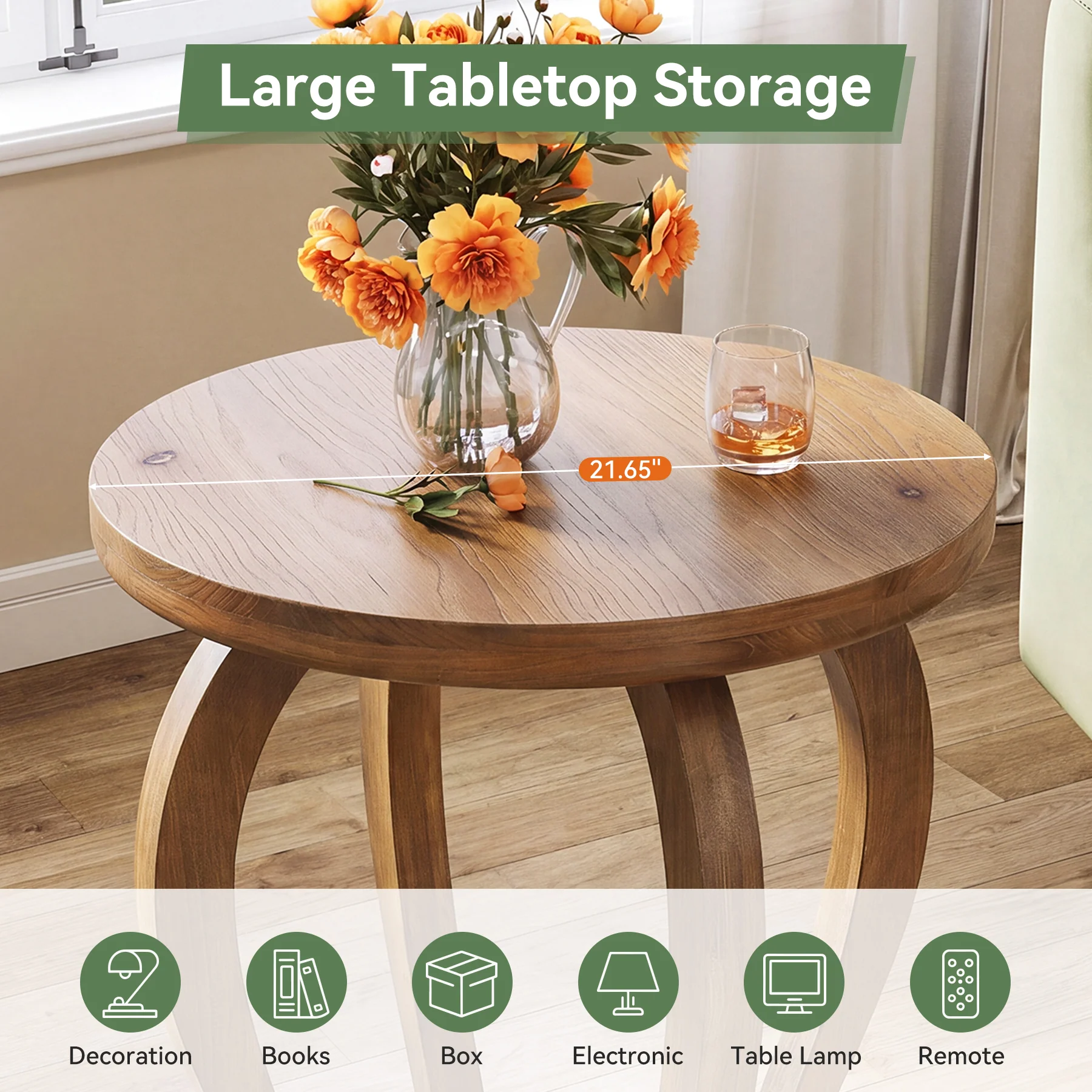 Solid Wood Round End Table, Accent Side Table with Curved Base for Living Room - Image 6