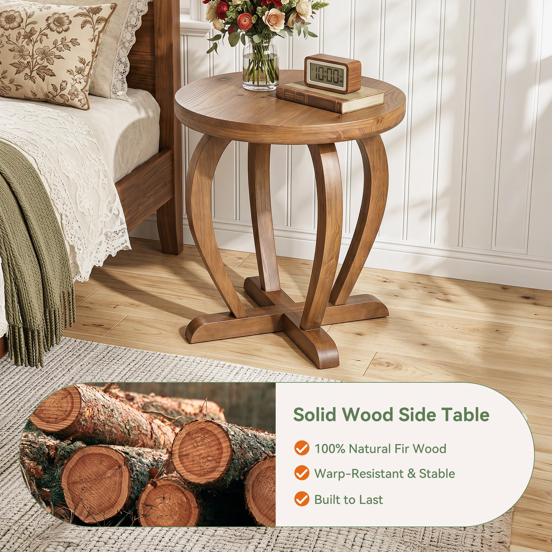 Solid Wood Round End Table, Accent Side Table with Curved Base for Living Room - Image 7