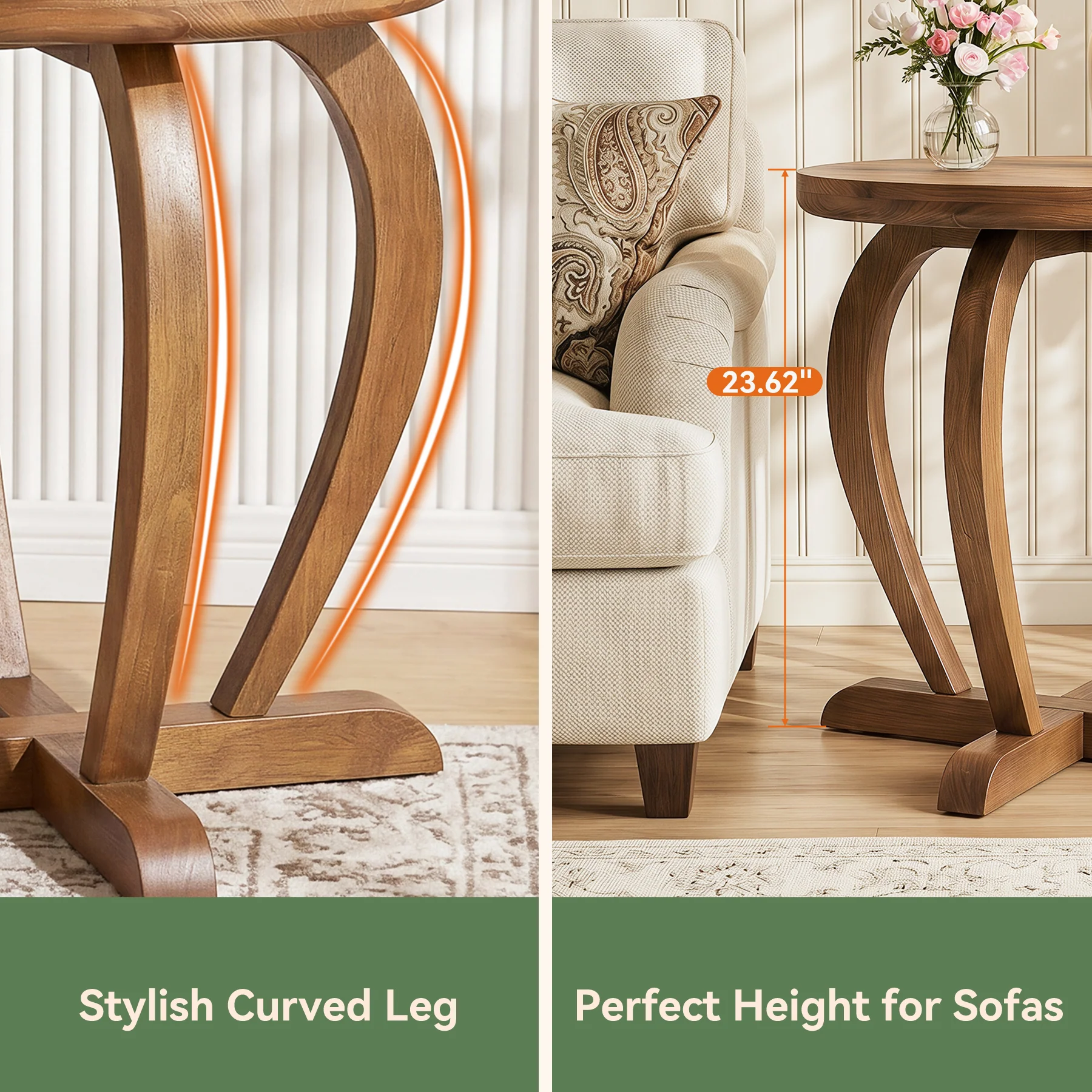 Solid Wood Round End Table, Accent Side Table with Curved Base for Living Room - Image 8