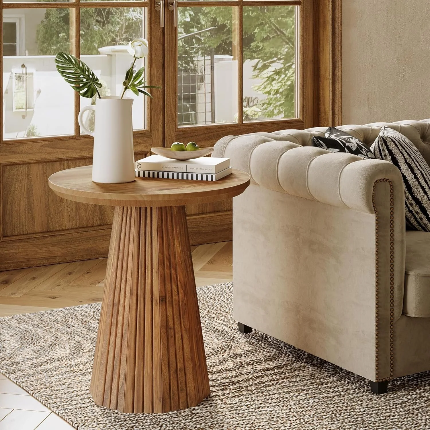 19" End Table, Solid Wood Round Pedestal Side Table with Fluted Base - Image 3