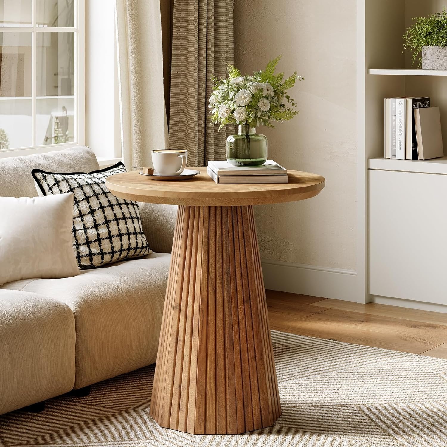 19" End Table, Solid Wood Round Pedestal Side Table with Fluted Base - Image 4