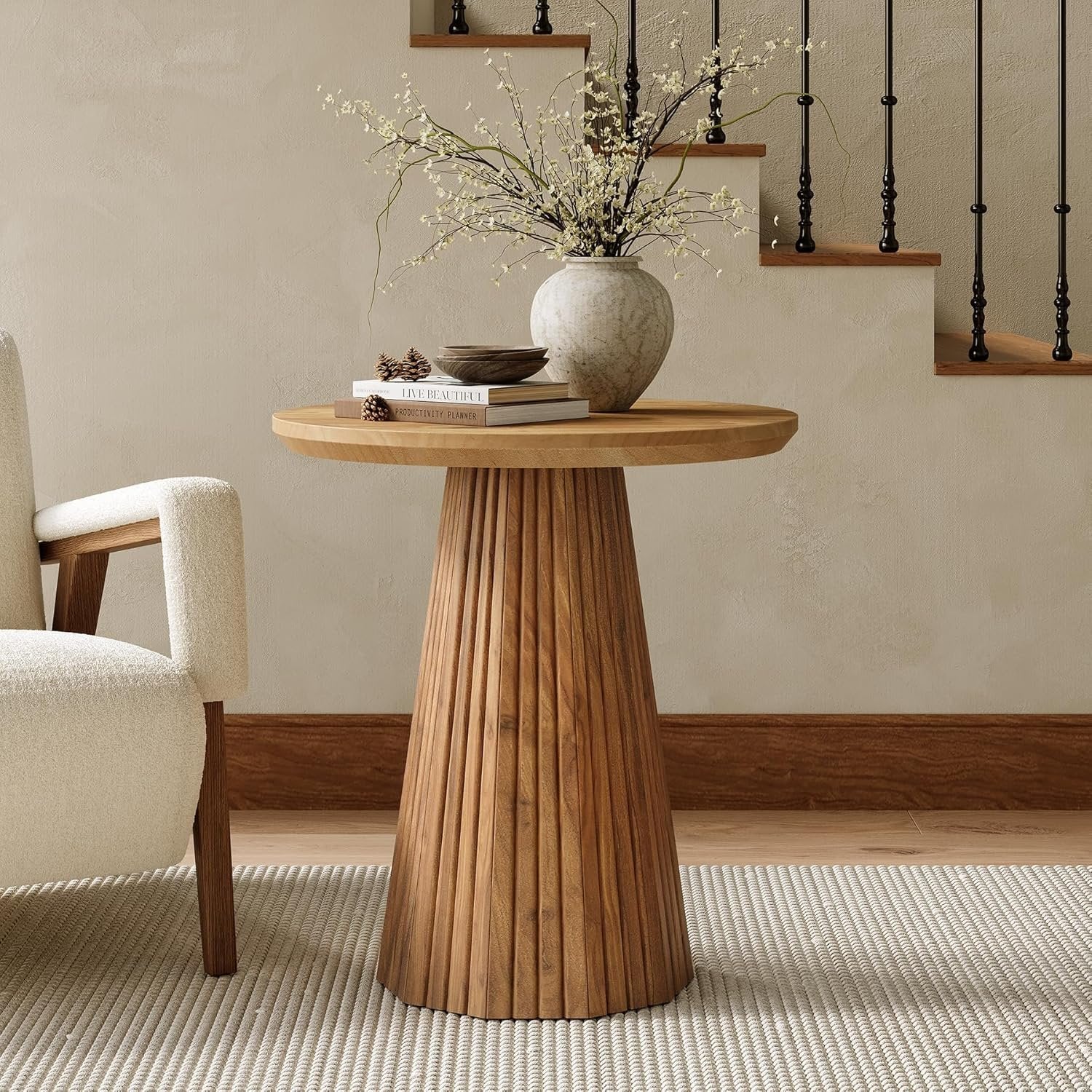 19" End Table, Solid Wood Round Pedestal Side Table with Fluted Base - Image 5