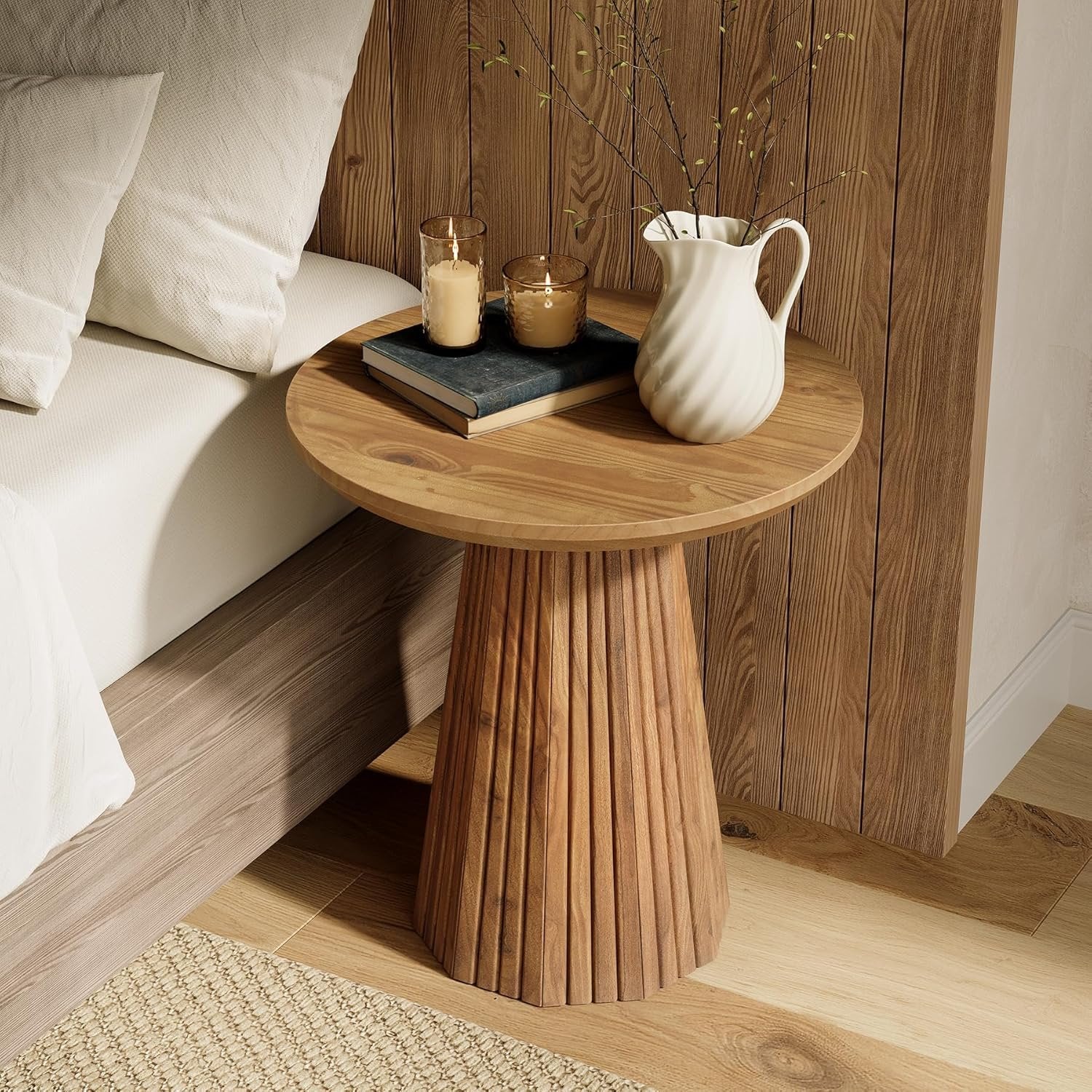 19" End Table, Solid Wood Round Pedestal Side Table with Fluted Base - Image 6