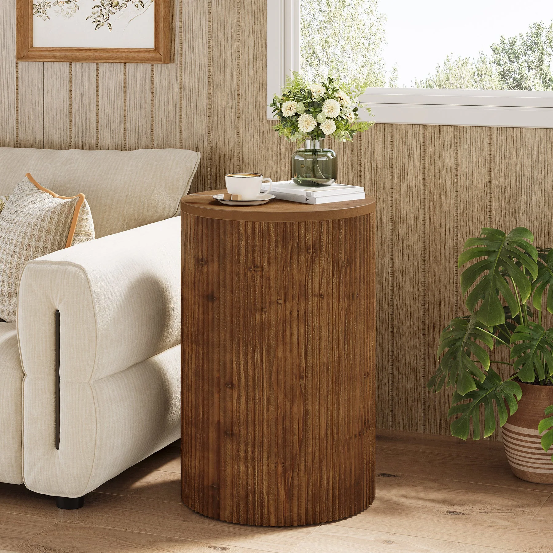 Solid Wood Round Side Table, No-Assembly Fluted End Table with Storage & 4 Wheels - Image 3