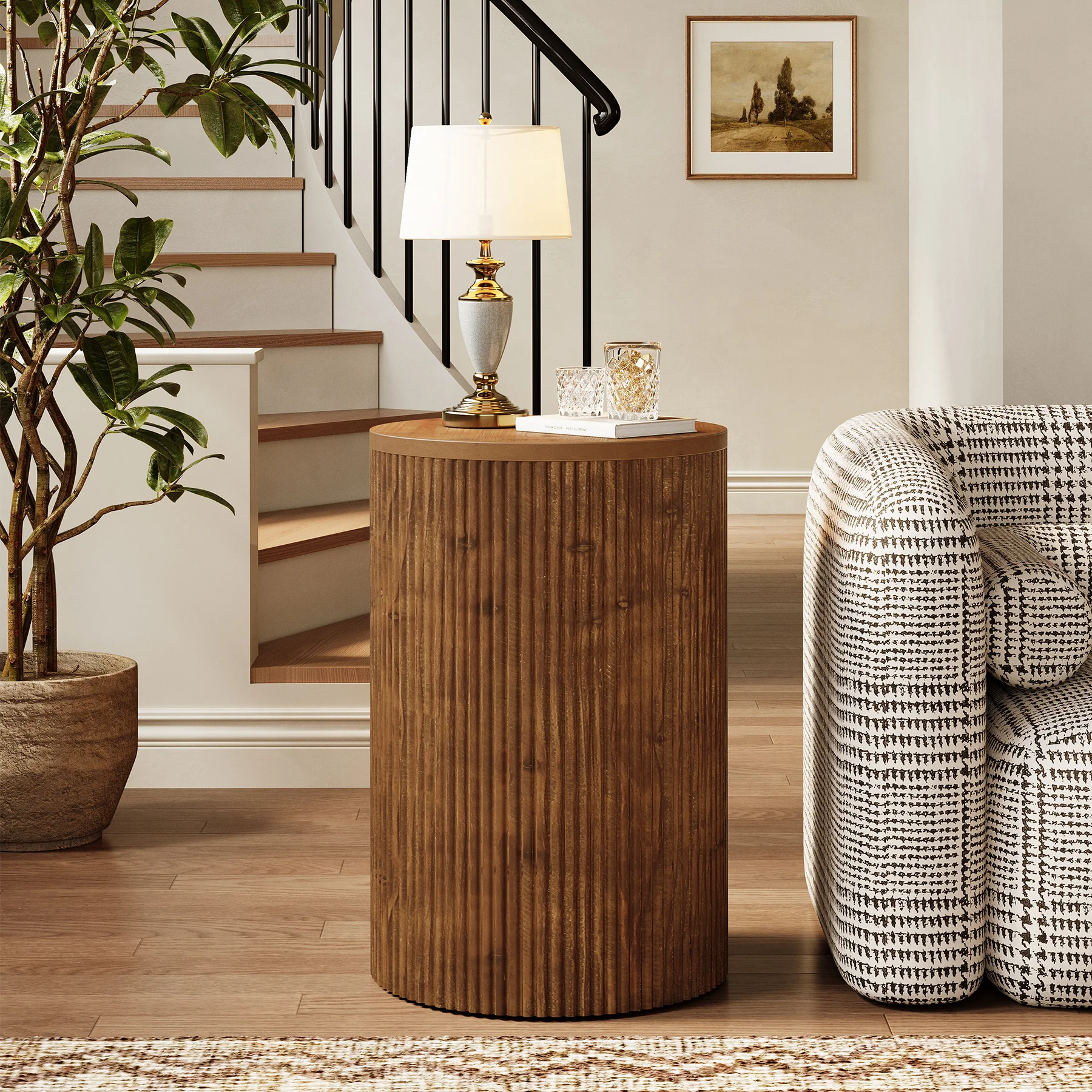 Solid Wood Round Side Table, No-Assembly Fluted End Table with Storage & 4 Wheels - Image 4