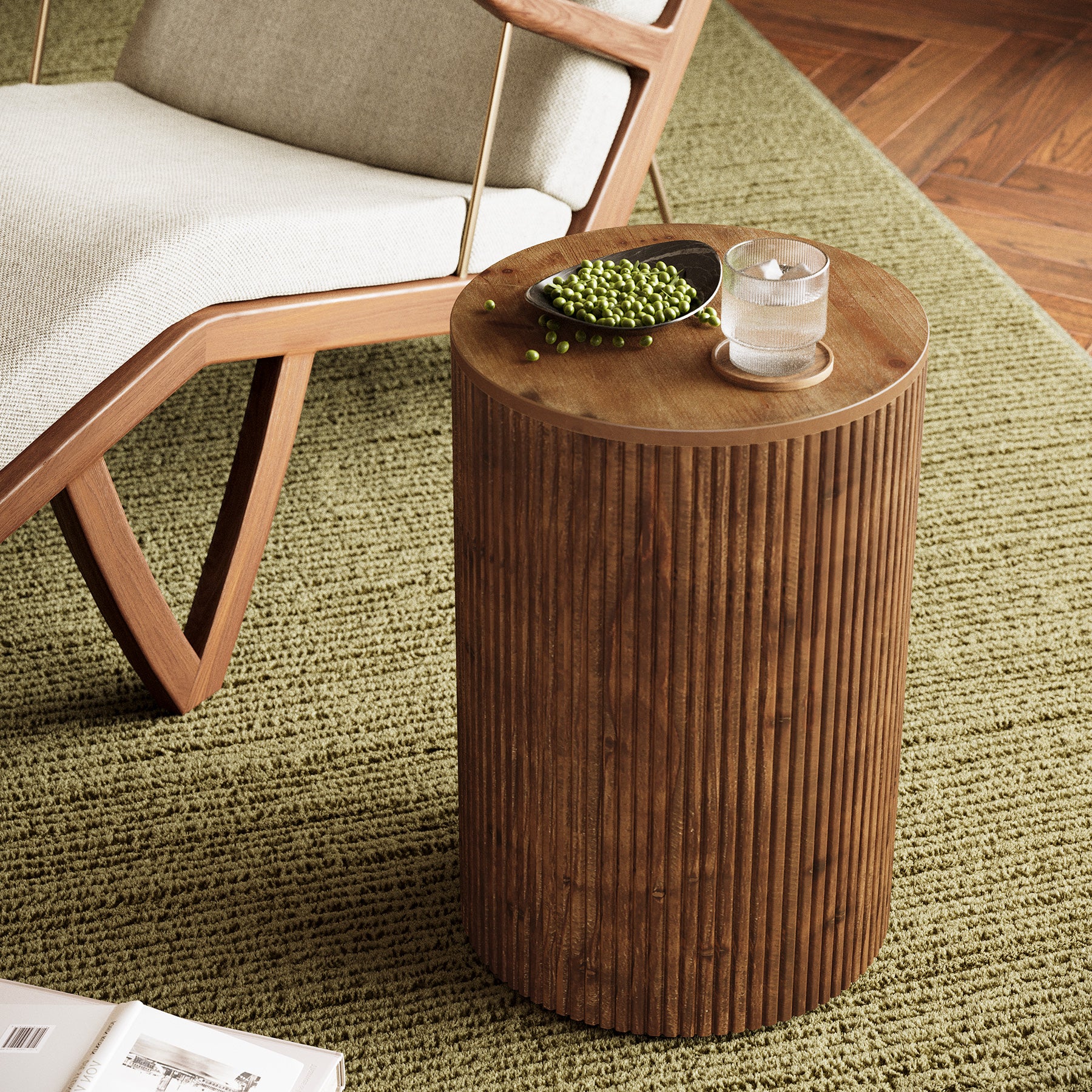 Solid Wood Round Side Table, No-Assembly Fluted End Table with Storage & 4 Wheels - Image 5