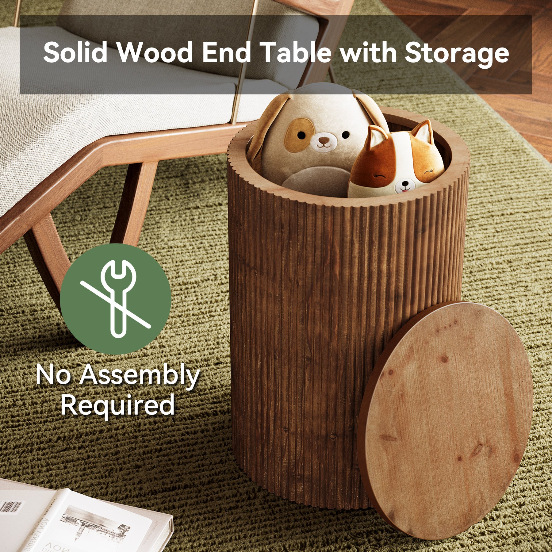 Solid Wood Round Side Table, No-Assembly Fluted End Table with Storage & 4 Wheels - Image 6
