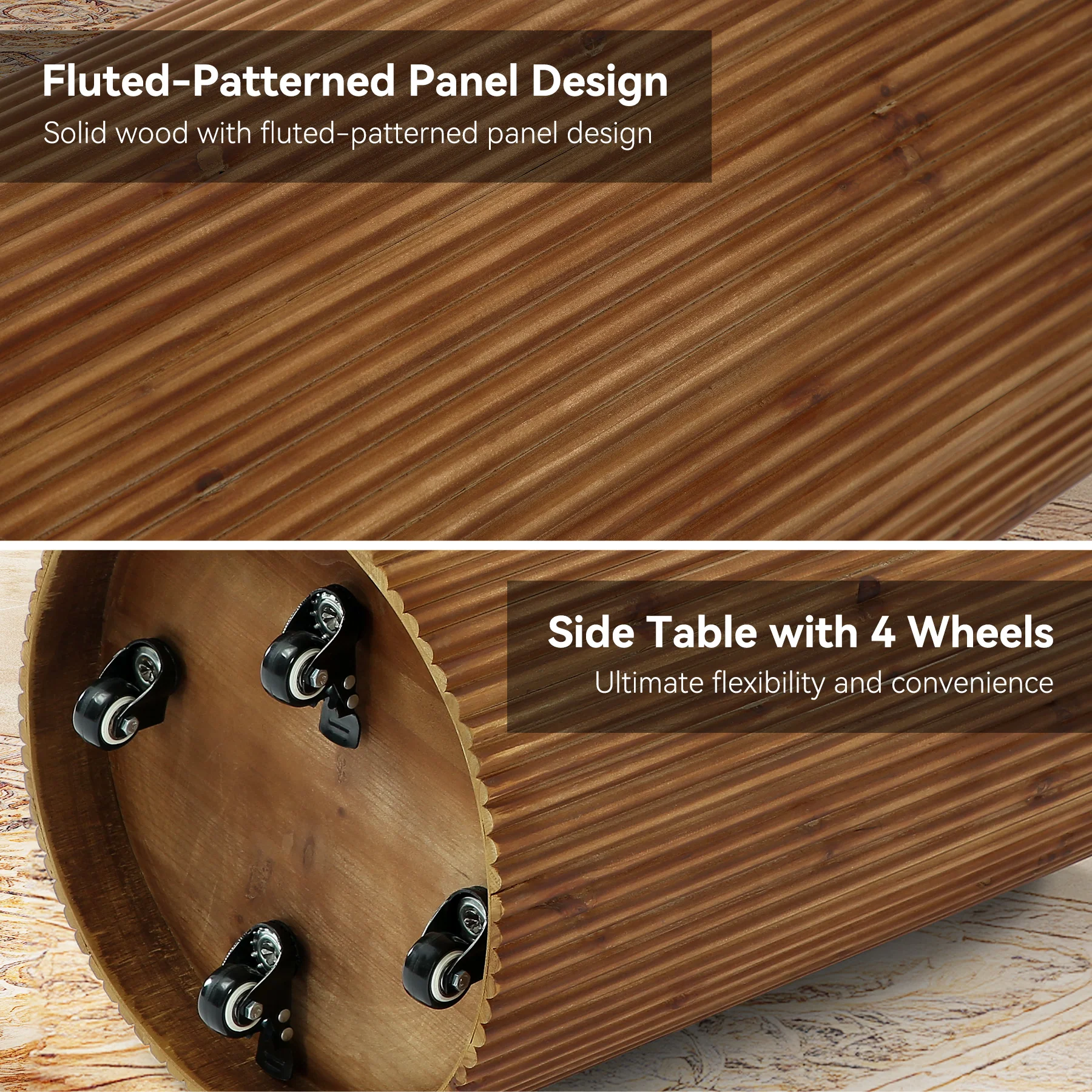 Solid Wood Round Side Table, No-Assembly Fluted End Table with Storage & 4 Wheels - Image 7