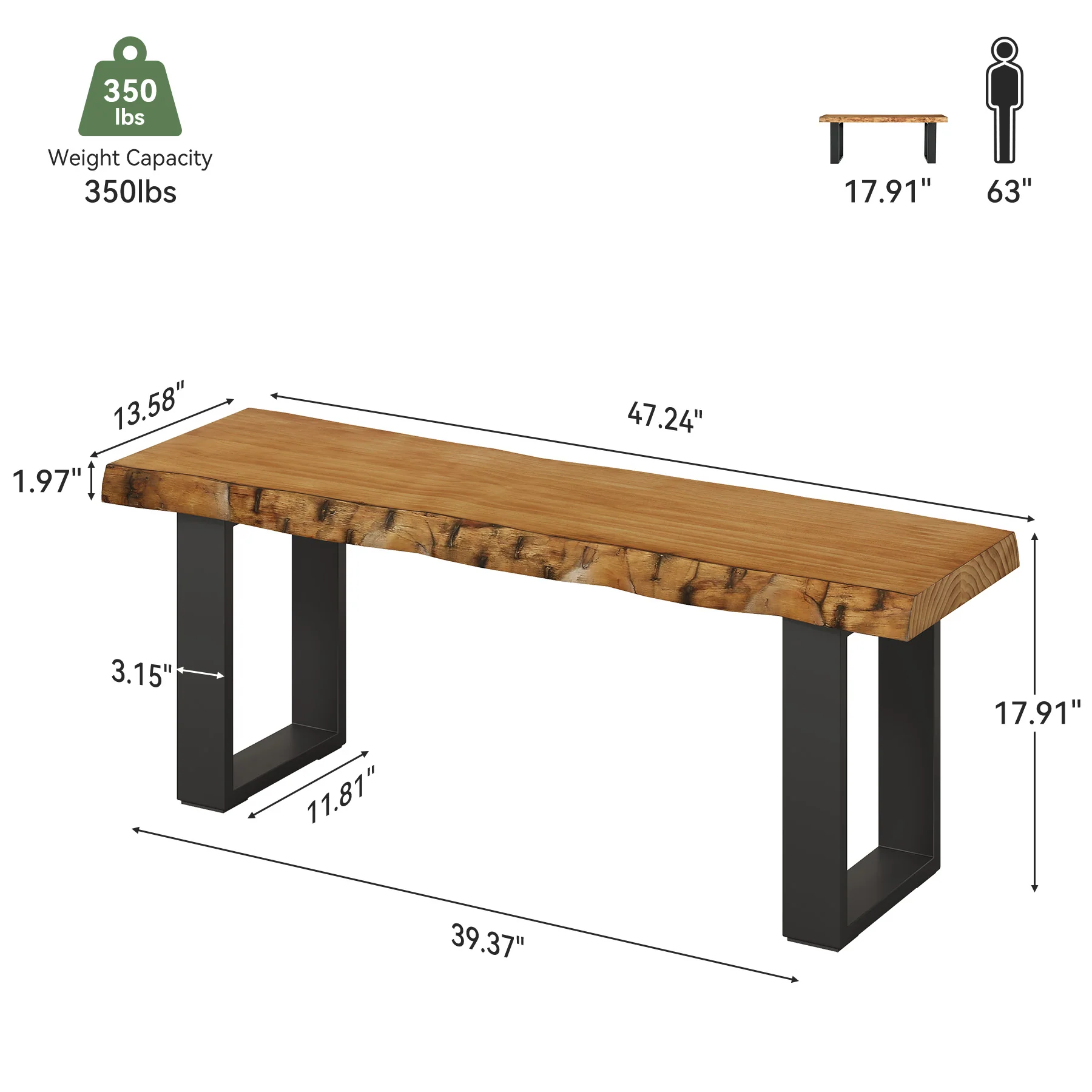 47" Industrial Entryway Bench, Solid Wood Shoe Bench End of Bed Bench - Image 2
