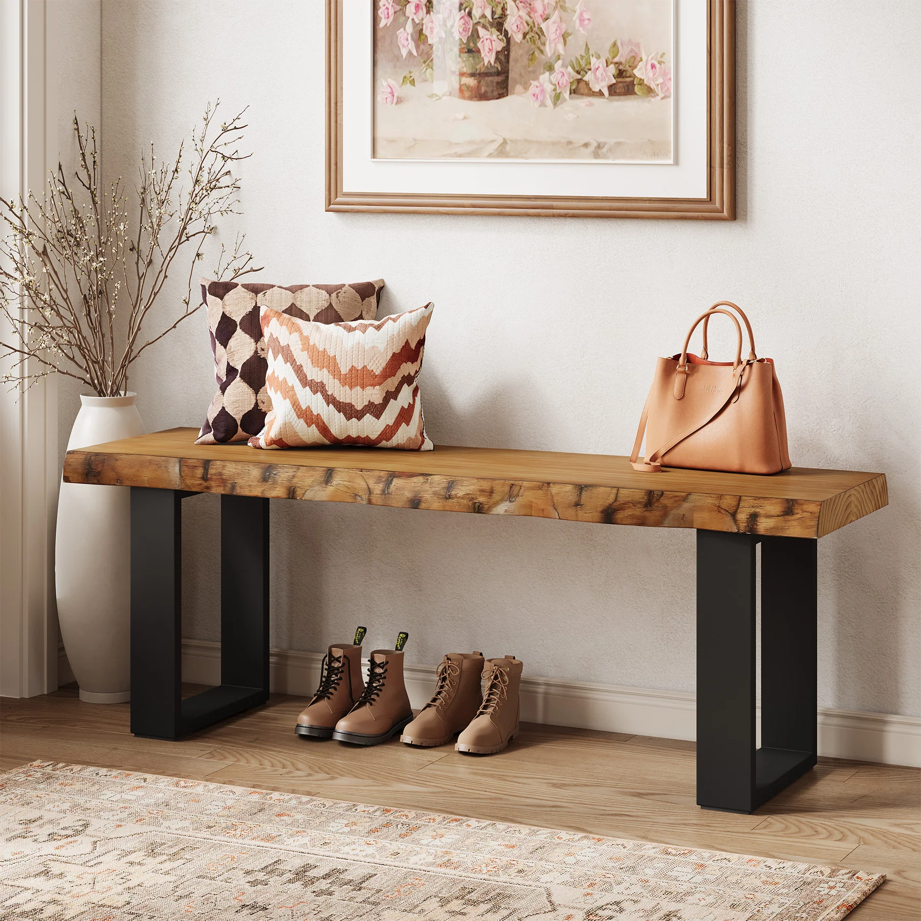 47" Industrial Entryway Bench, Solid Wood Shoe Bench End of Bed Bench - Image 3