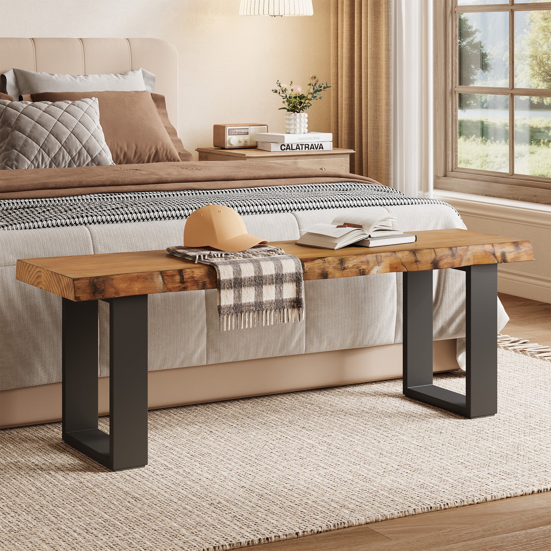 47" Industrial Entryway Bench, Solid Wood Shoe Bench End of Bed Bench - Image 4