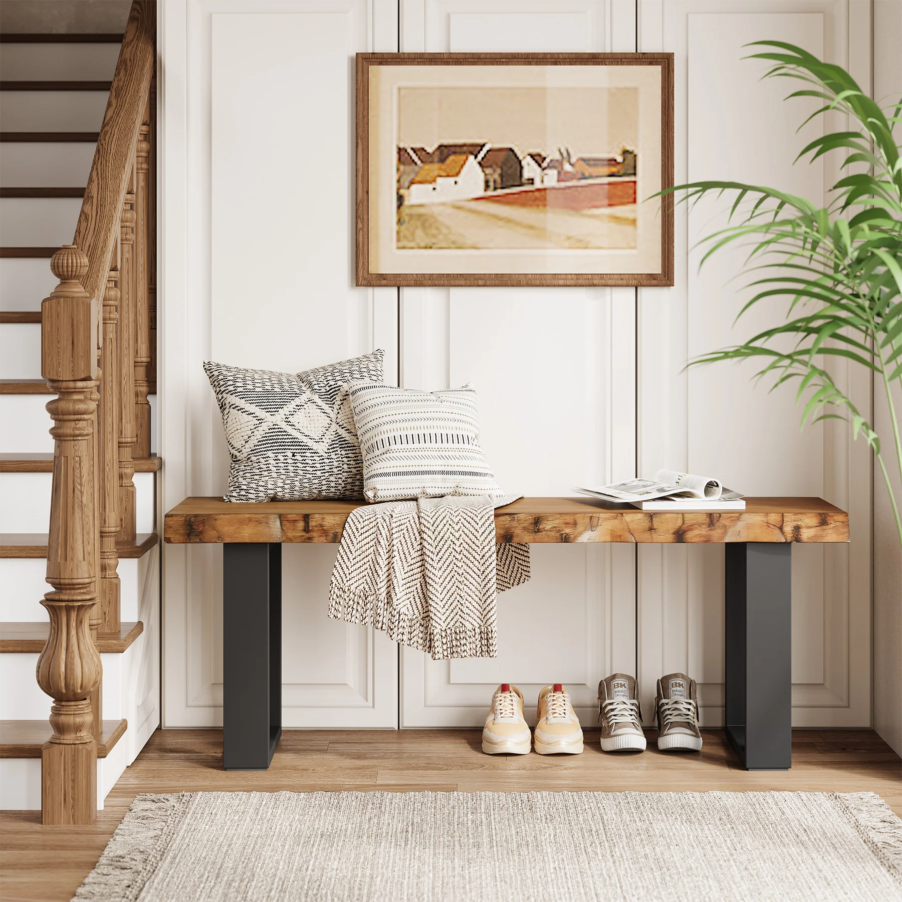 47" Industrial Entryway Bench, Solid Wood Shoe Bench End of Bed Bench - Image 5