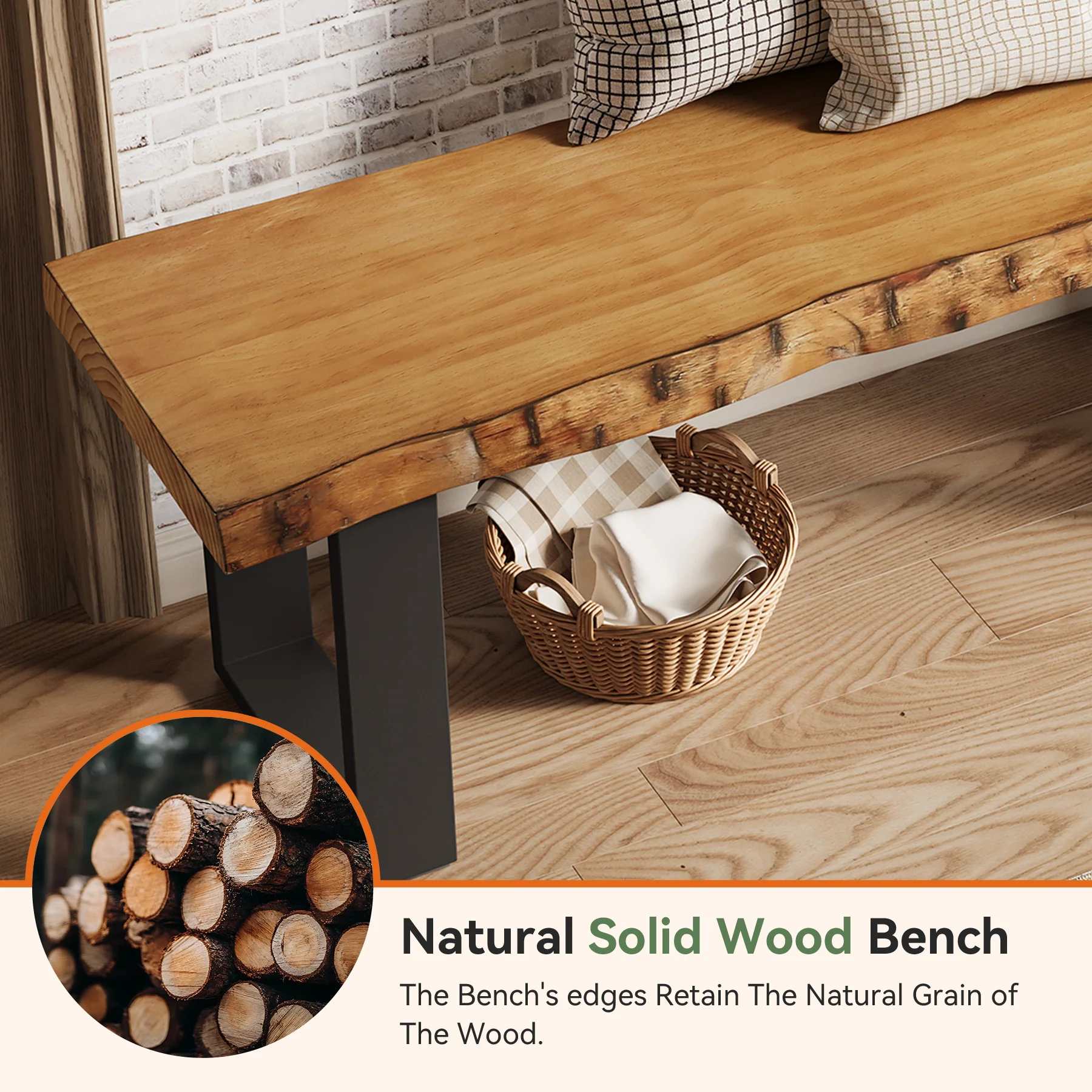 47" Industrial Entryway Bench, Solid Wood Shoe Bench End of Bed Bench - Image 6