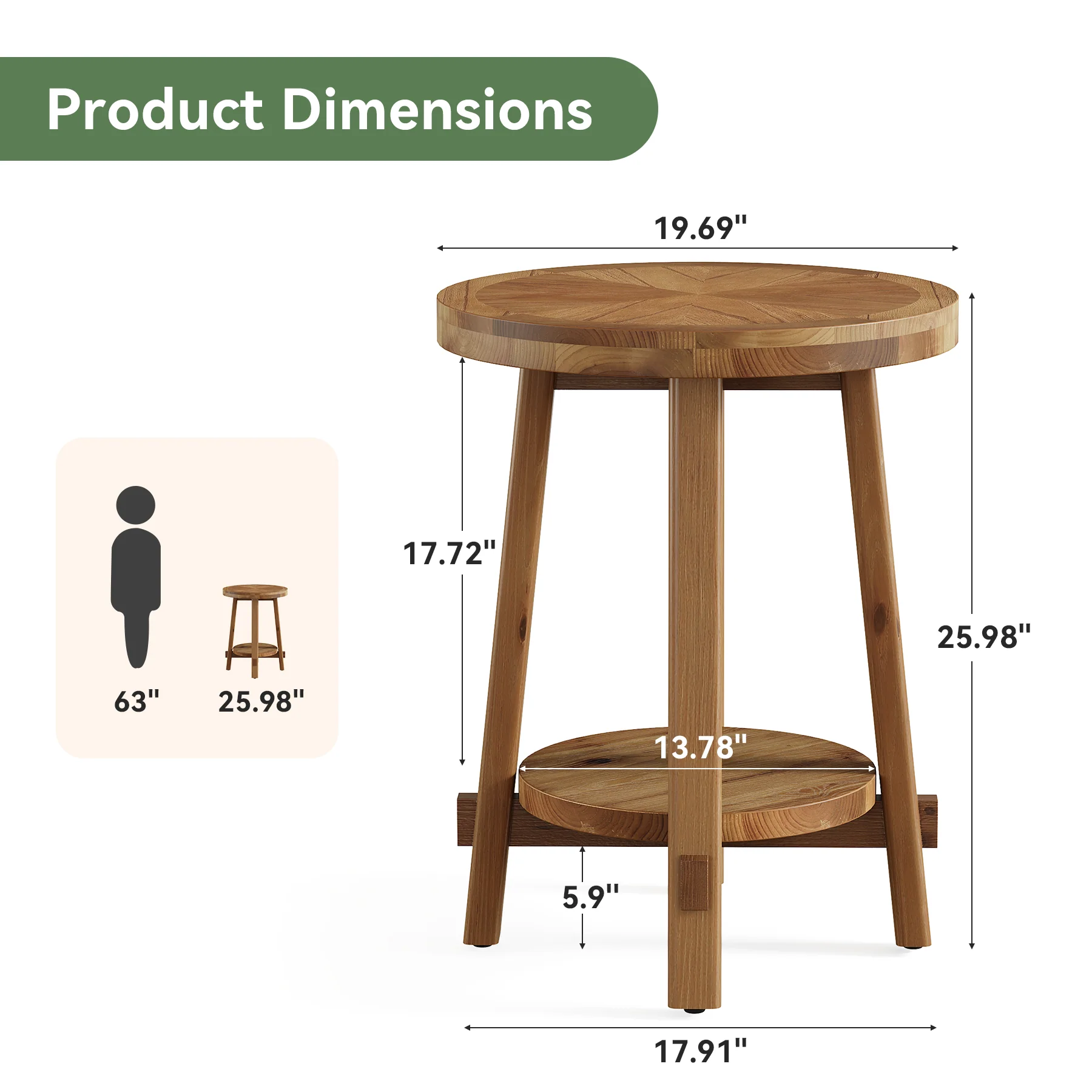 19.6" Round End Table, Solid Wood Side Table with 2-Tier Storage - Image 2