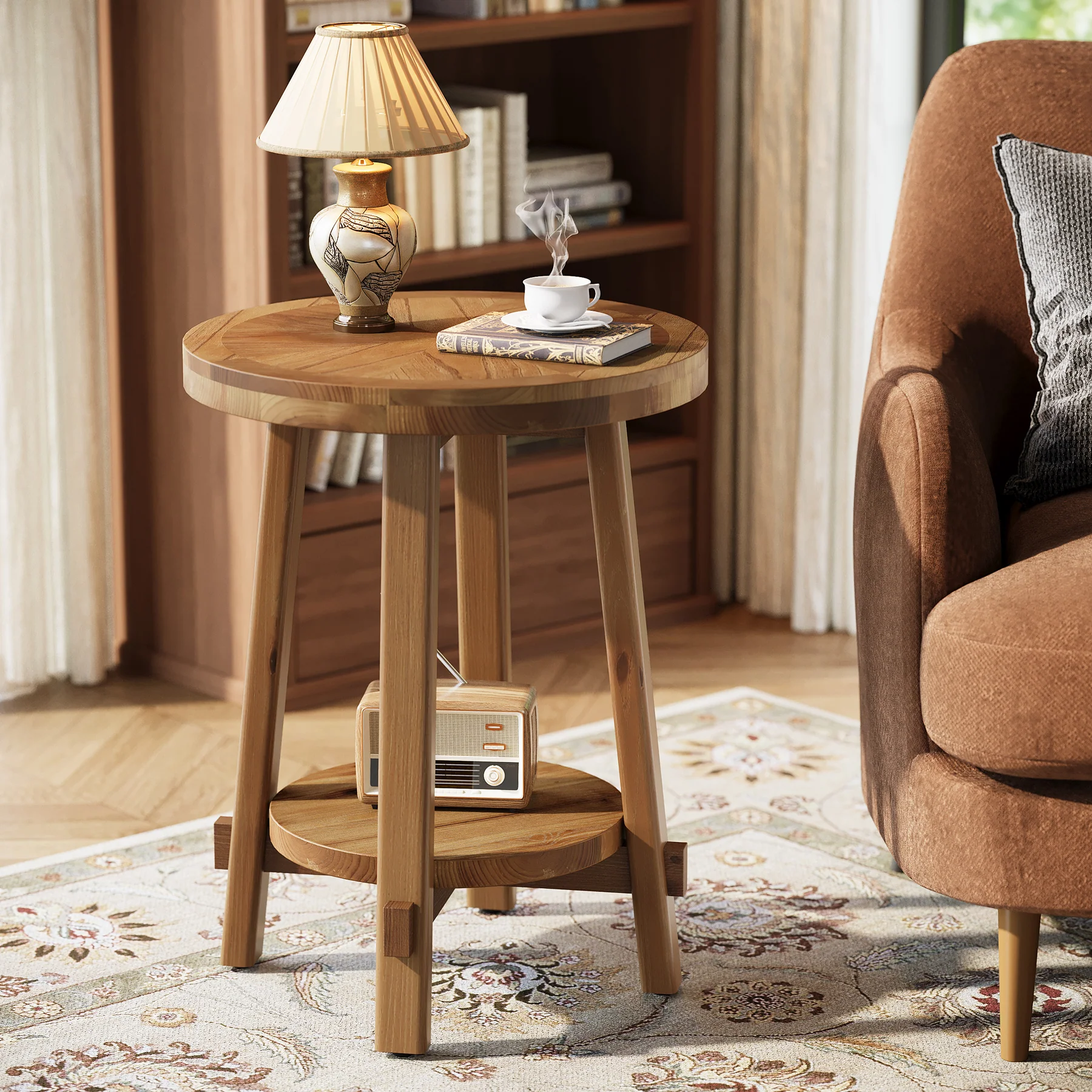19.6" Round End Table, Solid Wood Side Table with 2-Tier Storage - Image 3