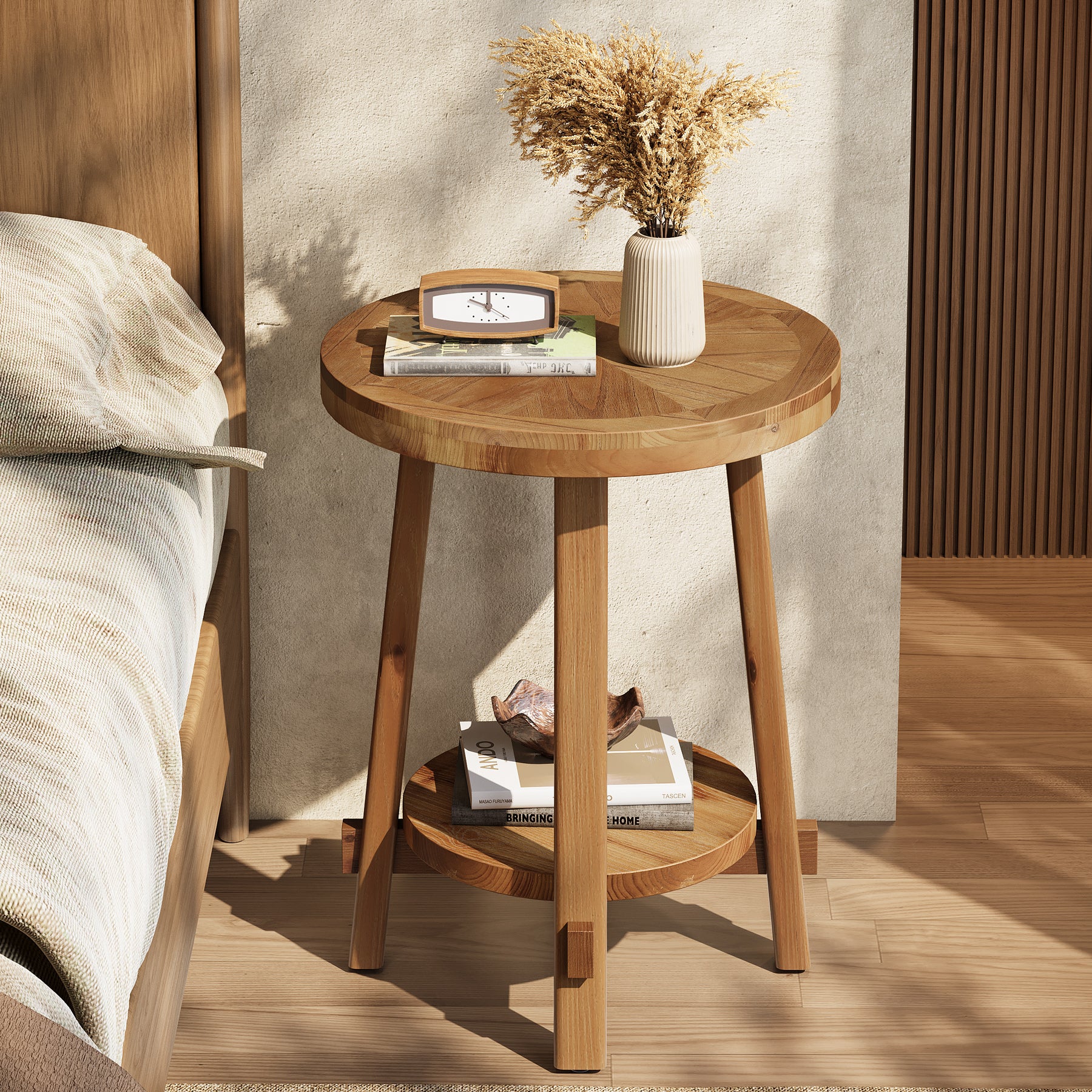 19.6" Round End Table, Solid Wood Side Table with 2-Tier Storage - Image 4