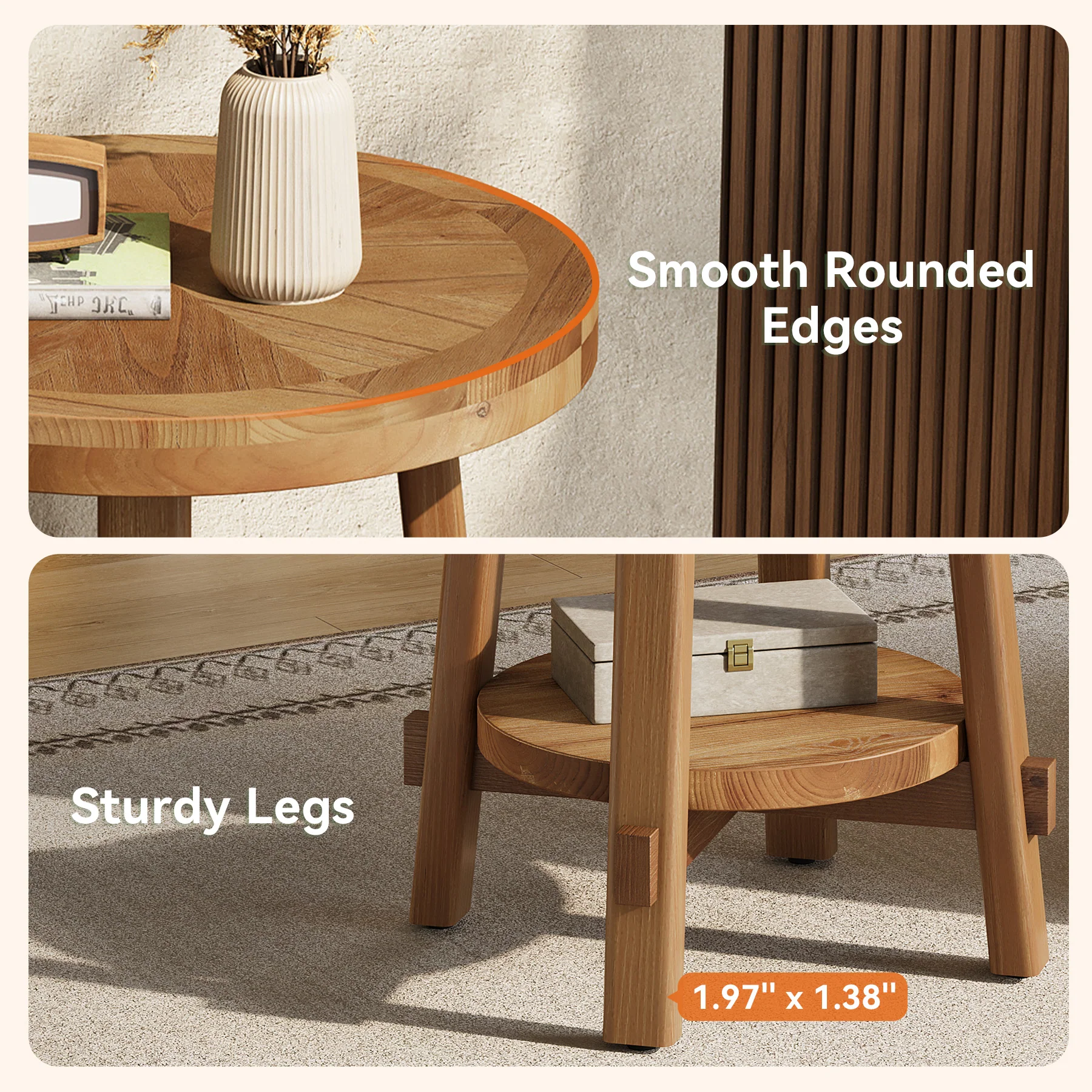 19.6" Round End Table, Solid Wood Side Table with 2-Tier Storage - Image 7