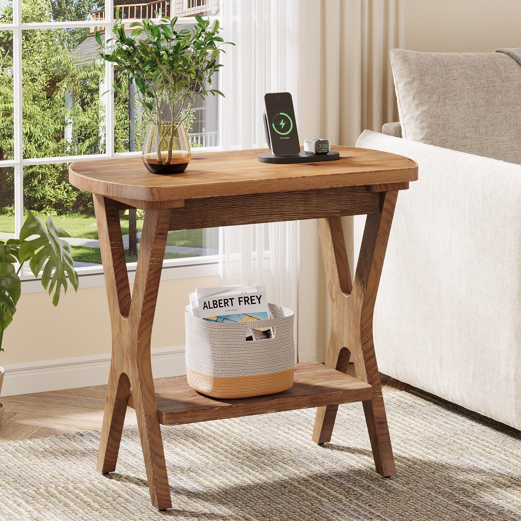 Solid Wood Side Table, 2-Tier End Table Nightstand with Storage for Living Room - Image 3