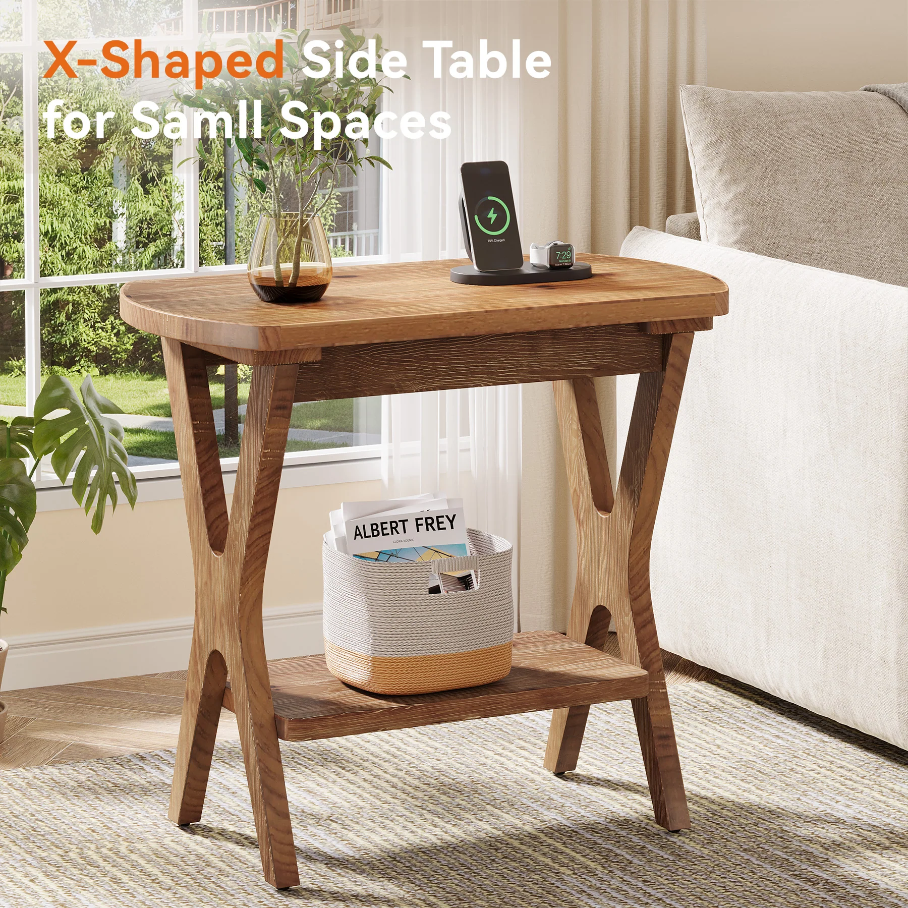 Solid Wood Side Table, 2-Tier End Table Nightstand with Storage for Living Room - Image 7