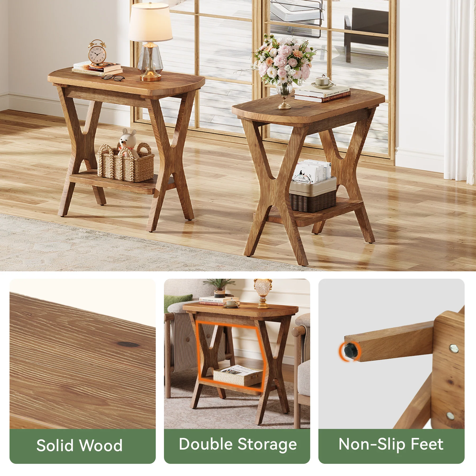 Solid Wood Side Table, 2-Tier End Table Nightstand with Storage for Living Room - Image 8